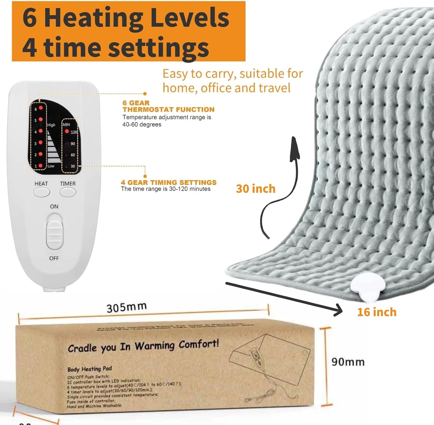 Electric Heating Pad for Back Pain & Cramps Relief, King Size Heat Pad for Period Cramps, Neck, Shoulder, Knee & Leg, Machine Washable Blanket with 4 Timer & 6 Heat Setting, Extra Large 30"x16"