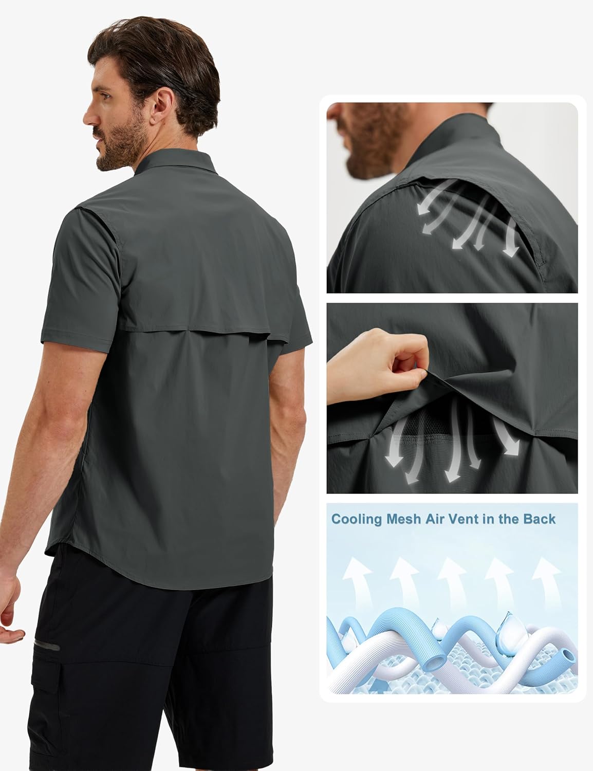TACVASEN Men's Fishing Shirt with Pockets UPF50 Quick Dry Breathable Short Sleeve Button Down Sun Shirt for Work Tactical