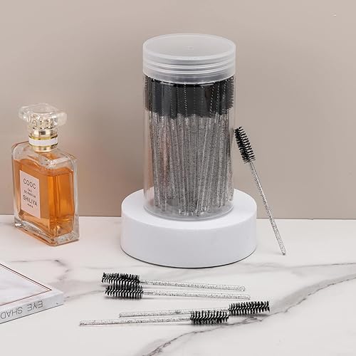 Vista 41 de 100 varitas de rímel desechables, cepillo de carretes de cejas de cristal para extensiones de pestañas, cepillos de pestañas rosas con contenedor