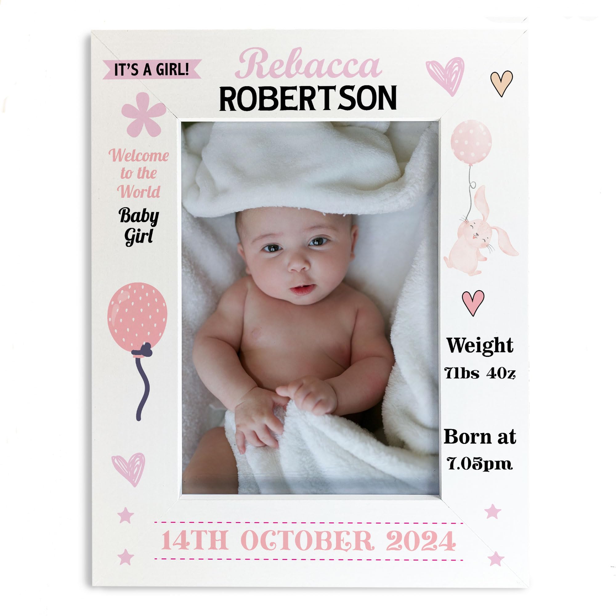Personalised Baby Girl Photo Frame With Birth Details and Cute Design New Baby Gift Nursery Photo Frame Baby Photo Frame Gift For New Mummy Daddy Keepsake (Design 1)