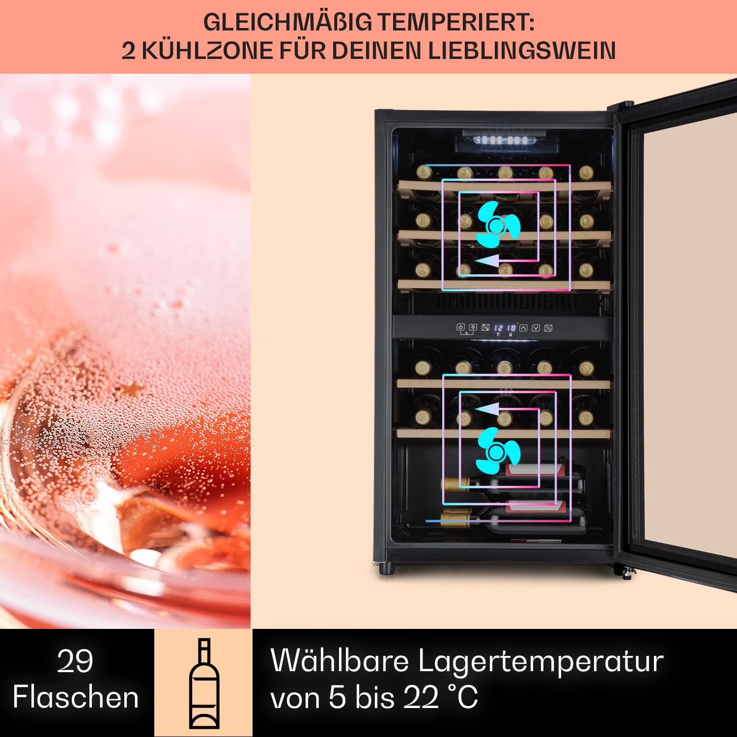 Klarstein Weinkühlschrank, Outdoor Getränkekühlschrank, 2 Zonen Kühlschrank mit Glastür, Getränkekühlschränke Freistehend, Weinkühlschrank Klein, Weinkühlschränke mit UV-Schutz, 5-22 °C, 29 Flaschen
