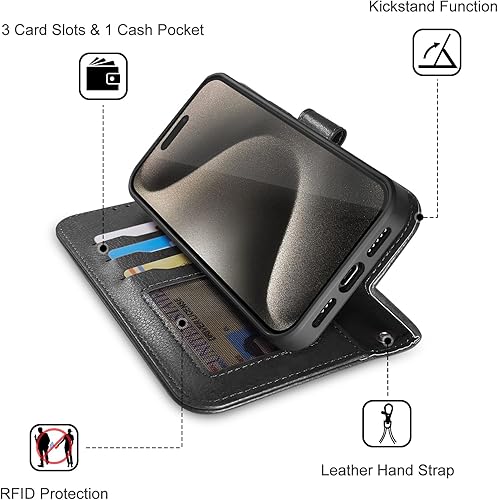Miniatura 5 de Funda tipo cartera para iPhone 15 con soporte para tarjetas, funda de cuero magnética fuerte desmontable, compatible con carga inalámbrica MagSafe,