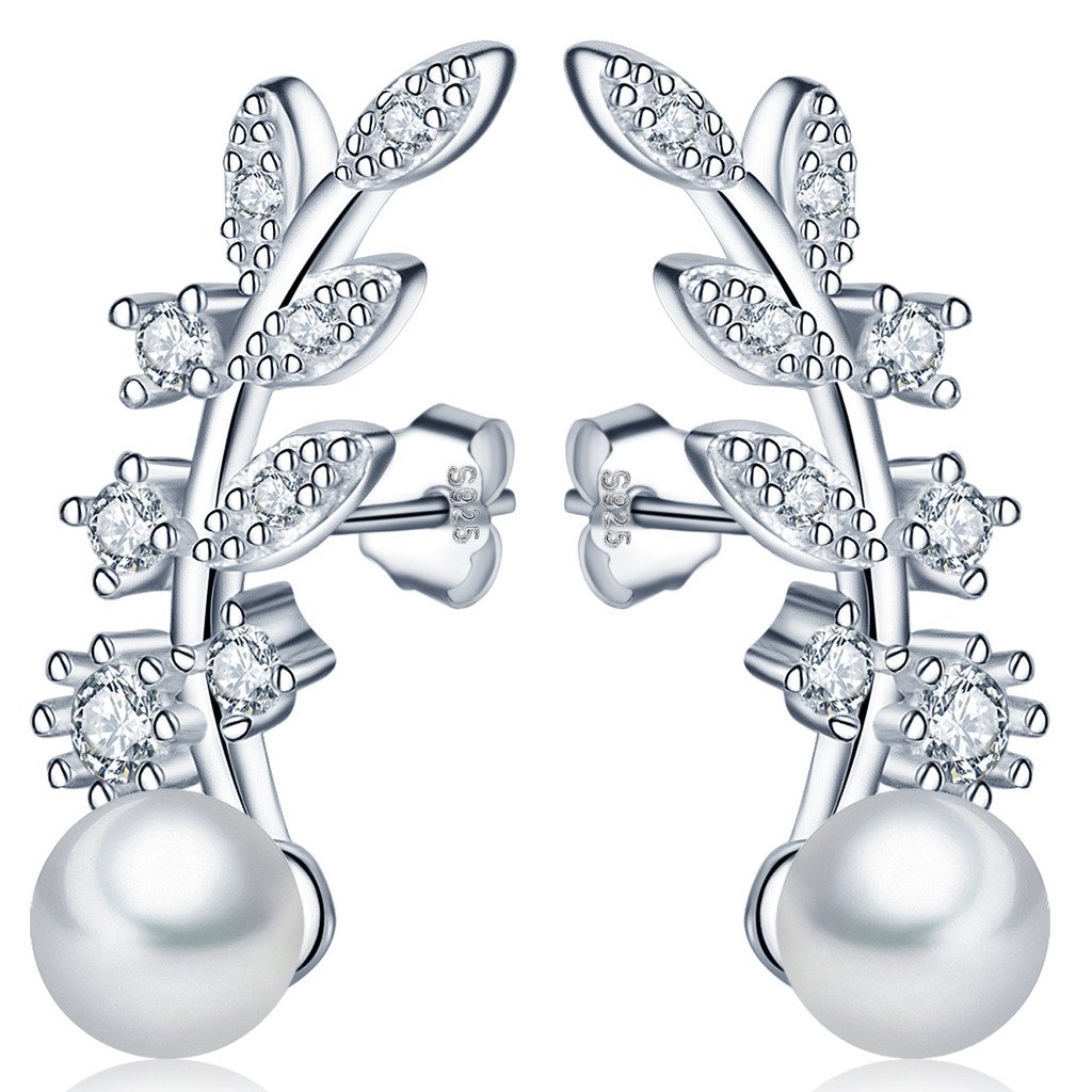 Unendlich U Infinito U- Pendientes Trepadores de Plata 925 Forma de Hoja Brillante con 6 mm Perla Studs para Mujeres Chicas