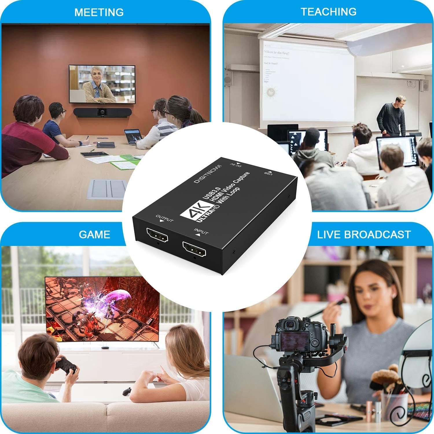 Carte de Capture vidéo, Carte de Capture Audio, Carte de Capture USB 3.0 4K HDMI Loop-Out, 1080P 60FPS Capture de Jeu vidéo pour Streaming, Jeux et Diffusion Xbox/PS4/PS5/OBS/appareil Photo/PC