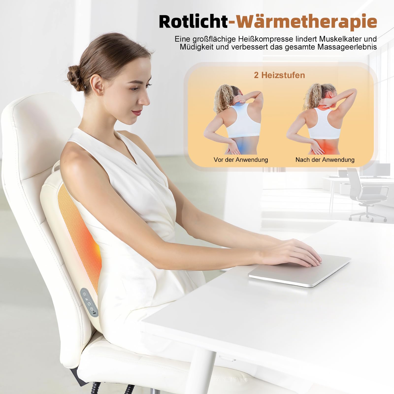 Shiatsu Nackenmassagegerät Rücken Massagekissen, Kabellos Knetmassagegerät mit 3 Intensitäten, Wärme & Rollfunktion, zur Schmerzlinderung, für Zuhause Büro Auto