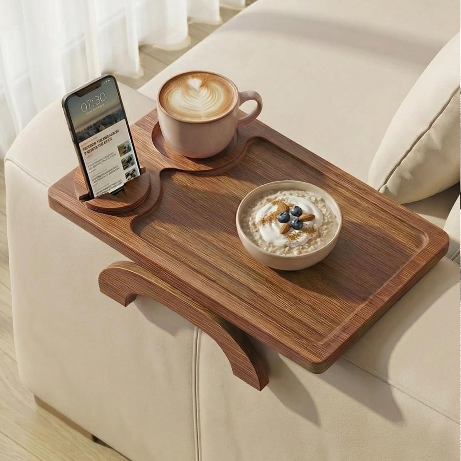Acacia Wood Sofa Arm Tray - 3-in-1 Couch Arm Table with Phone Holder, Cup Placer & Foldable Tray - Armrest Clip-On Design for Couch with 360° Rotated Phone Holder