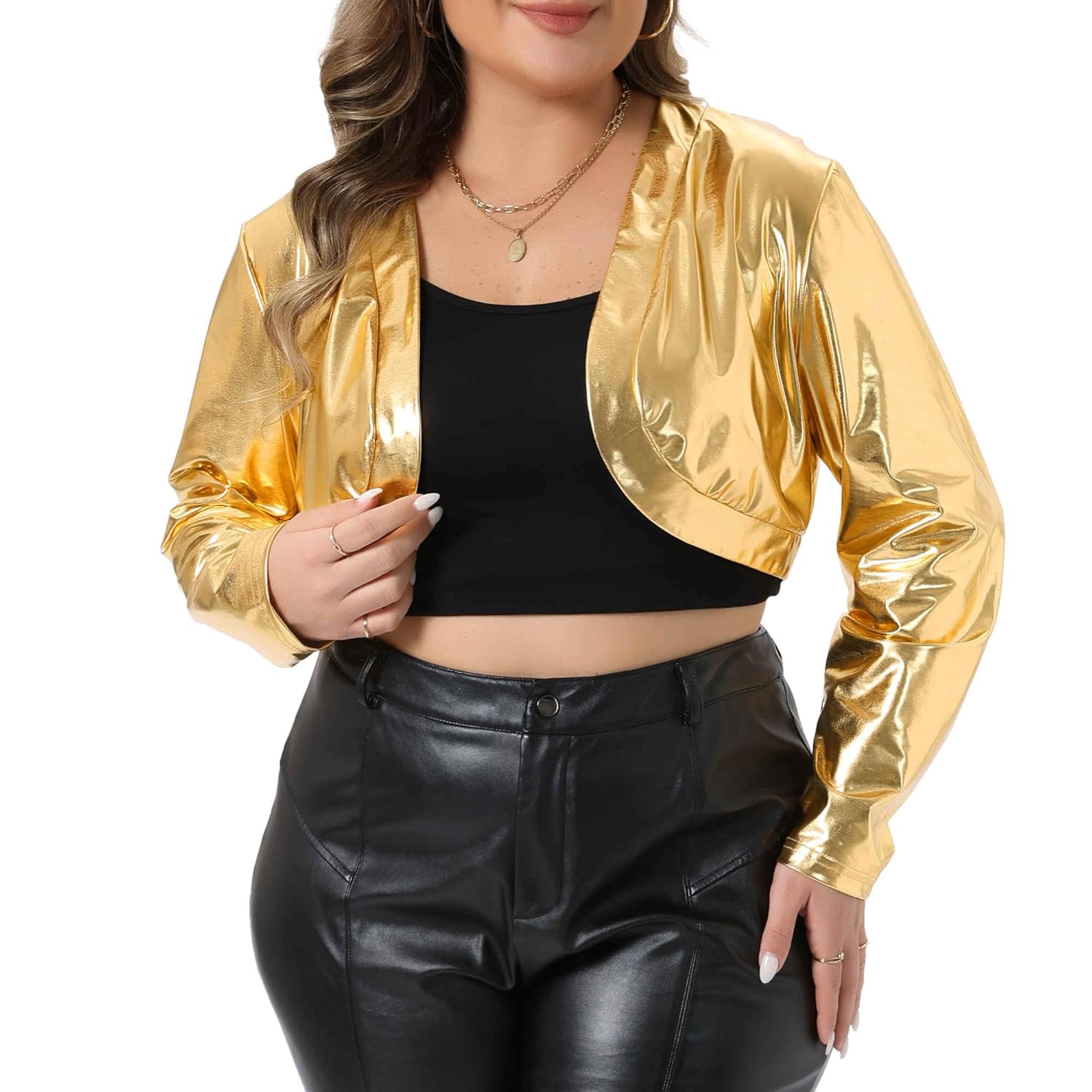 Agnes Orinda Plus Size Womens Metallic Shrug Long Sleeve Open Front Sparkly Party Cropped Bolero Jackets