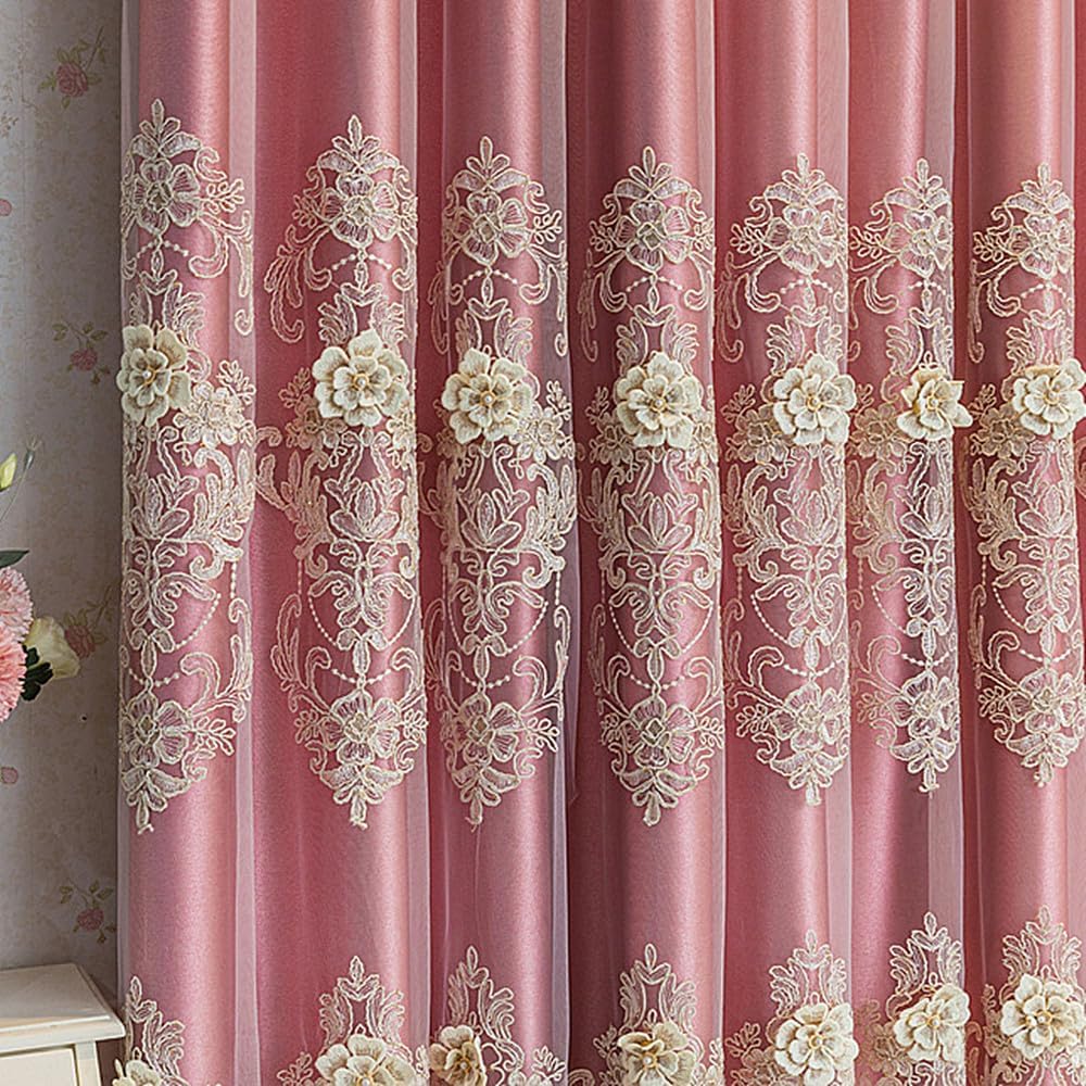 Amidoudou 1 Pair European Double Layer Curtain with Sheer Curtains for Living Room 3D Flower Double Layer Curtains for Bedroom (Pink,51x96 Inch)
