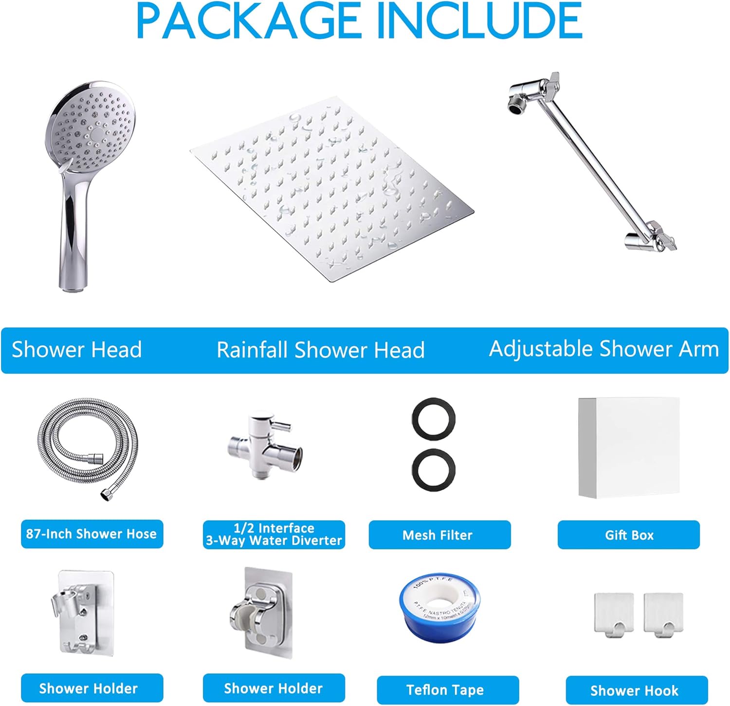 Flash Deals - 80% OFF 8'' High Pressure stainless steel Rainfall Shower Head / Handheld Shower Combo with 11'' Extension Arm set, Height/Angle Adjustable, 5 settings handheld Shower Head，2 Holders,bath sponge,1.8M Hose.