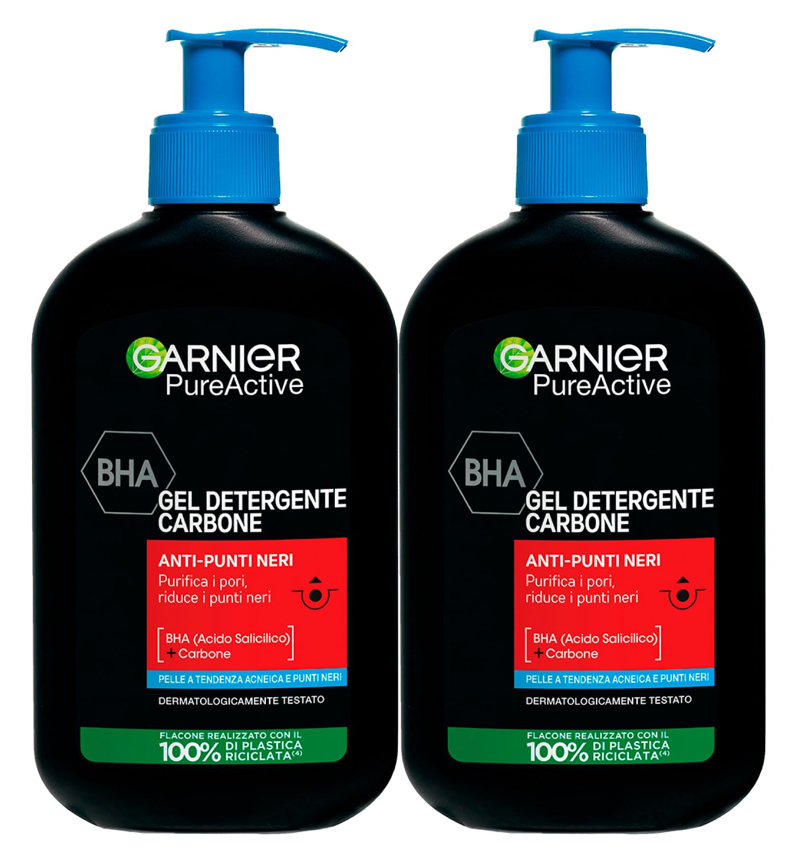 Garnier PureActive Gel Detergente Carbone e BHA Anti Punti Neri per Pelli a Tendenza Acneica Formula Vegana Contro Brufoli - 2 Flaconi da 250ml 2x Gel Detergente Carbone
