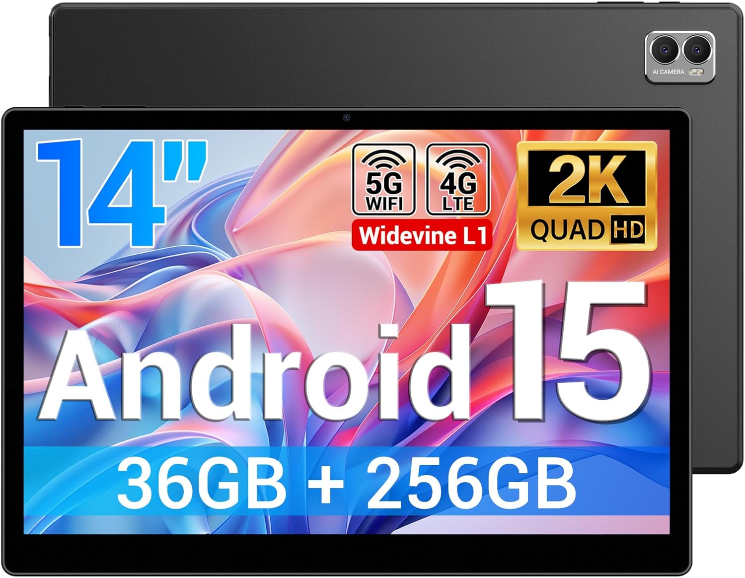 Tablet 14 Pollici Android 15 Tablet in Offerta,Octa Core,20W/11580mAh,36GB RAM+256GB ROM,2000 * 1200 incell FHD+,Foto AI 16MP+8MP, TÜV, GPS, Gemini AI,Face ID/GPS/BT 5.0/TÜV/USB-C,Nero