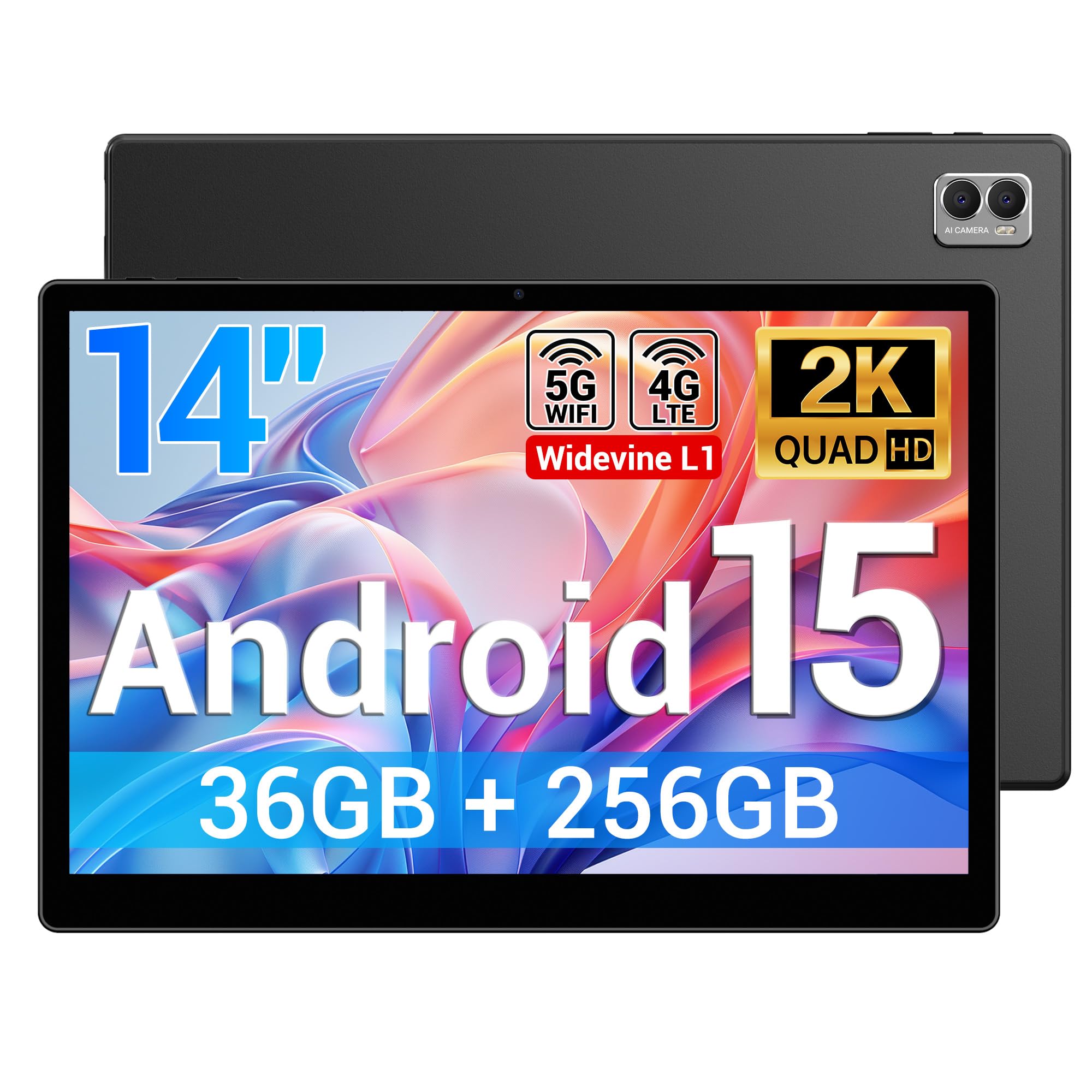 BEYNIVAN Tablet 14 Pollici Android 15 Tablet in Offerta,Octa Core,20W/11580mAh,36GB RAM+256GB ROM,2000 * 1200 incell FHD+,Foto AI 16MP+8MP, TÜV, GPS, Gemini AI,Face ID/GPS/BT 5.0/TÜV/USB-C,Nero