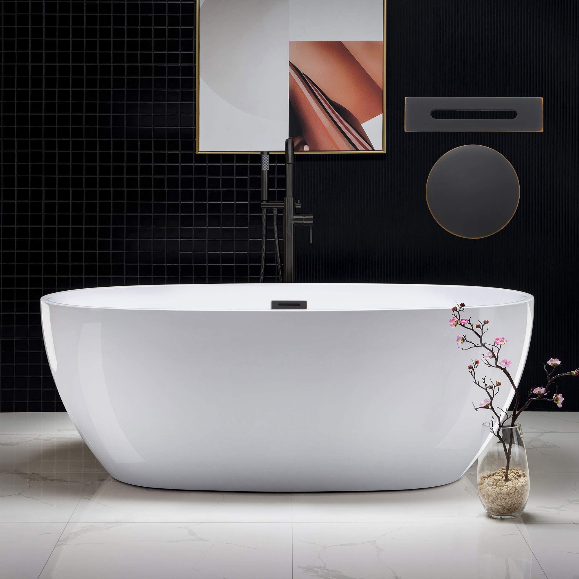 WOODBRIDGE 67" Acrylic Freestanding Bathtub Contemporary Soaking White Tub with Oil Rubbed Bronze Overflow and Drain，BTA1528-ORB