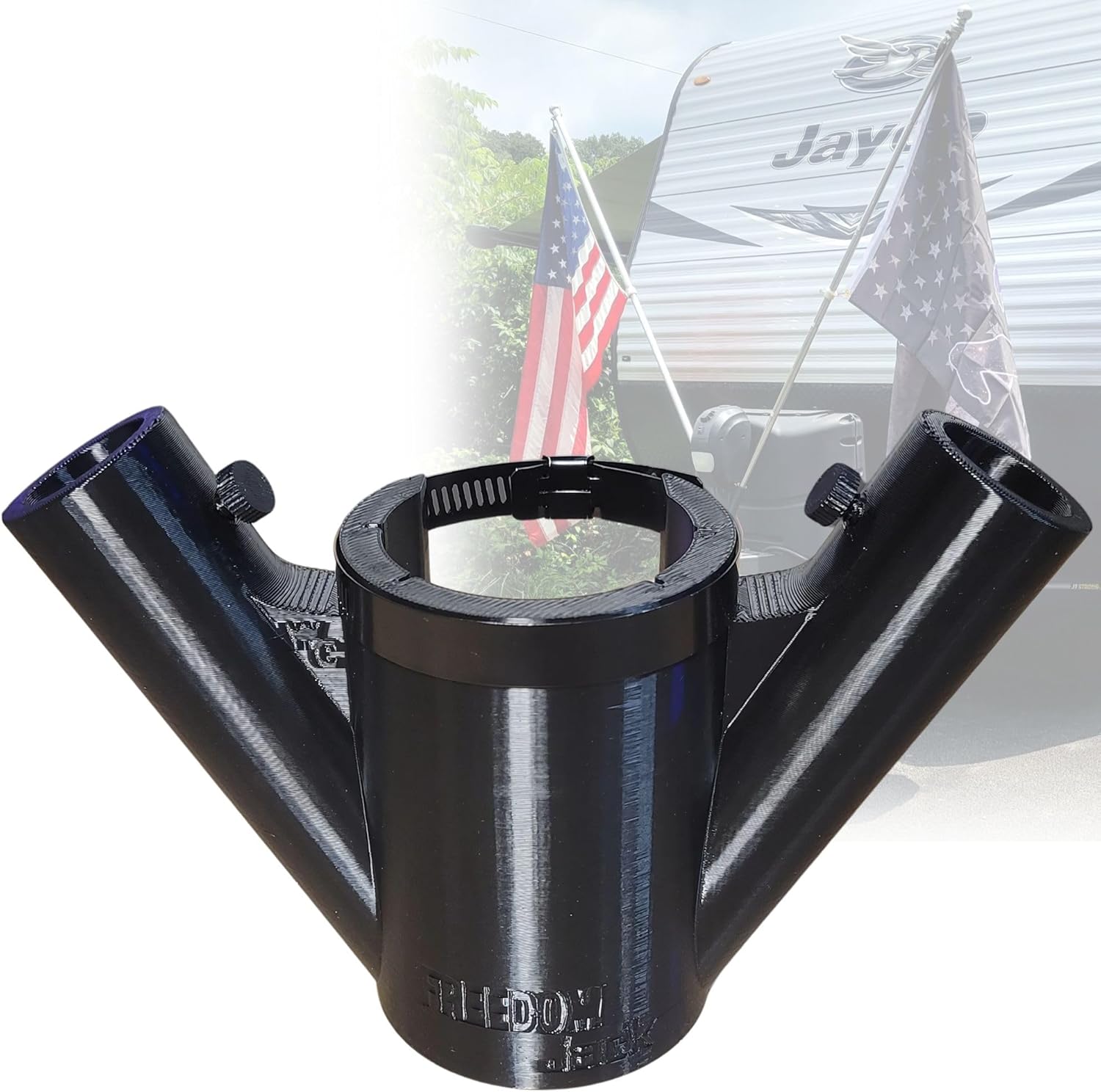 Original Freedom Jack Camper Flag Pole Mount, RV Travel Trailer Tongue Jack Flag Holder, No-Drill Installation, Snap-On Design for Permanent Mounting, Design by Wandering Creations LLC (Double)