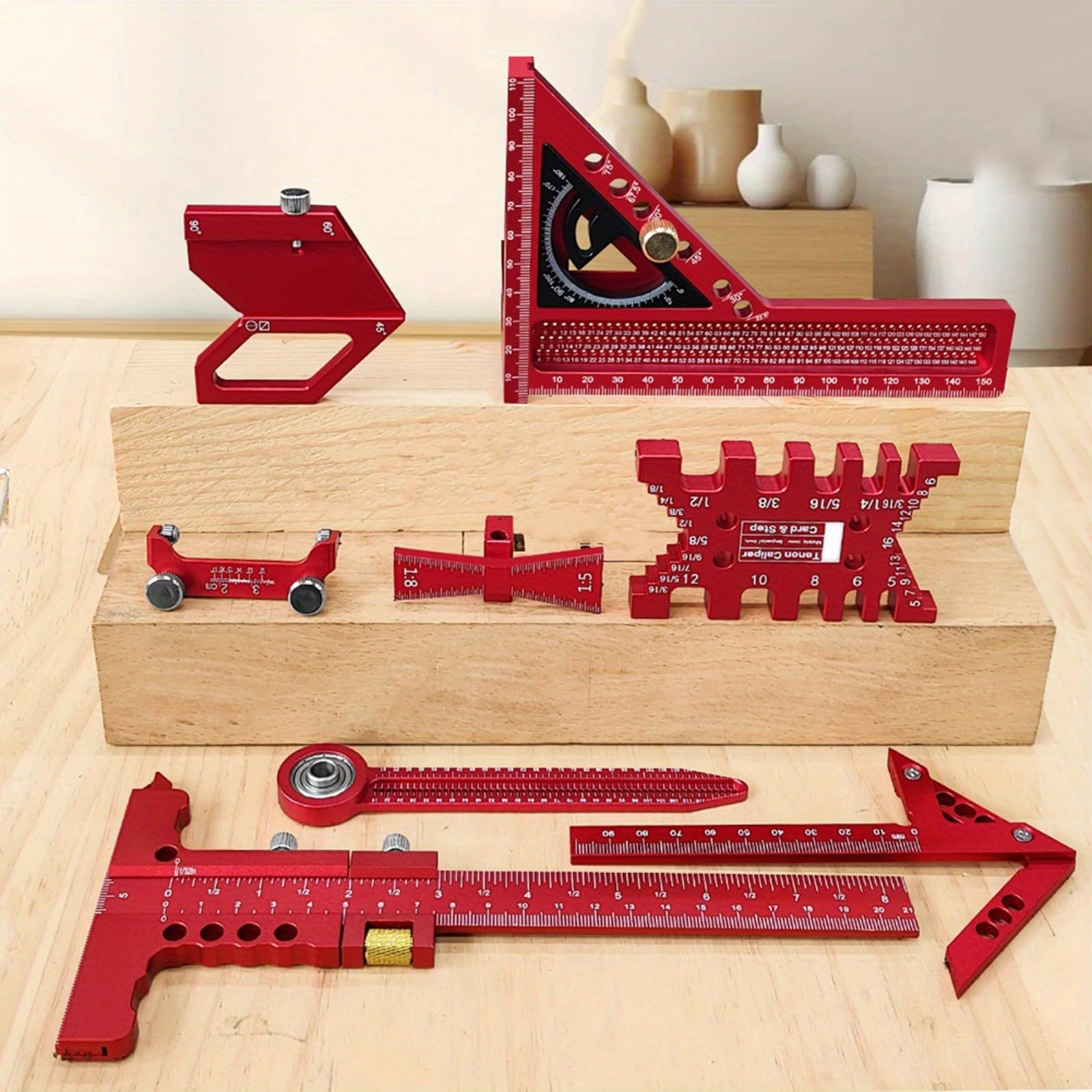 Kit di misurazione per la lavorazione del legno in alluminio, righello angolare quadrato con coda di rondine e calibri di layout per falegnameria (9 pezzi)
