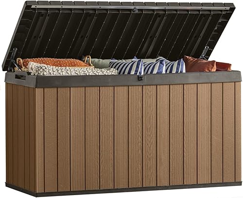 Keter Darwin - Caja grande de resina de 150 galones, organización y almacenamiento para muebles de patio, cojines de exterior, herramientas de