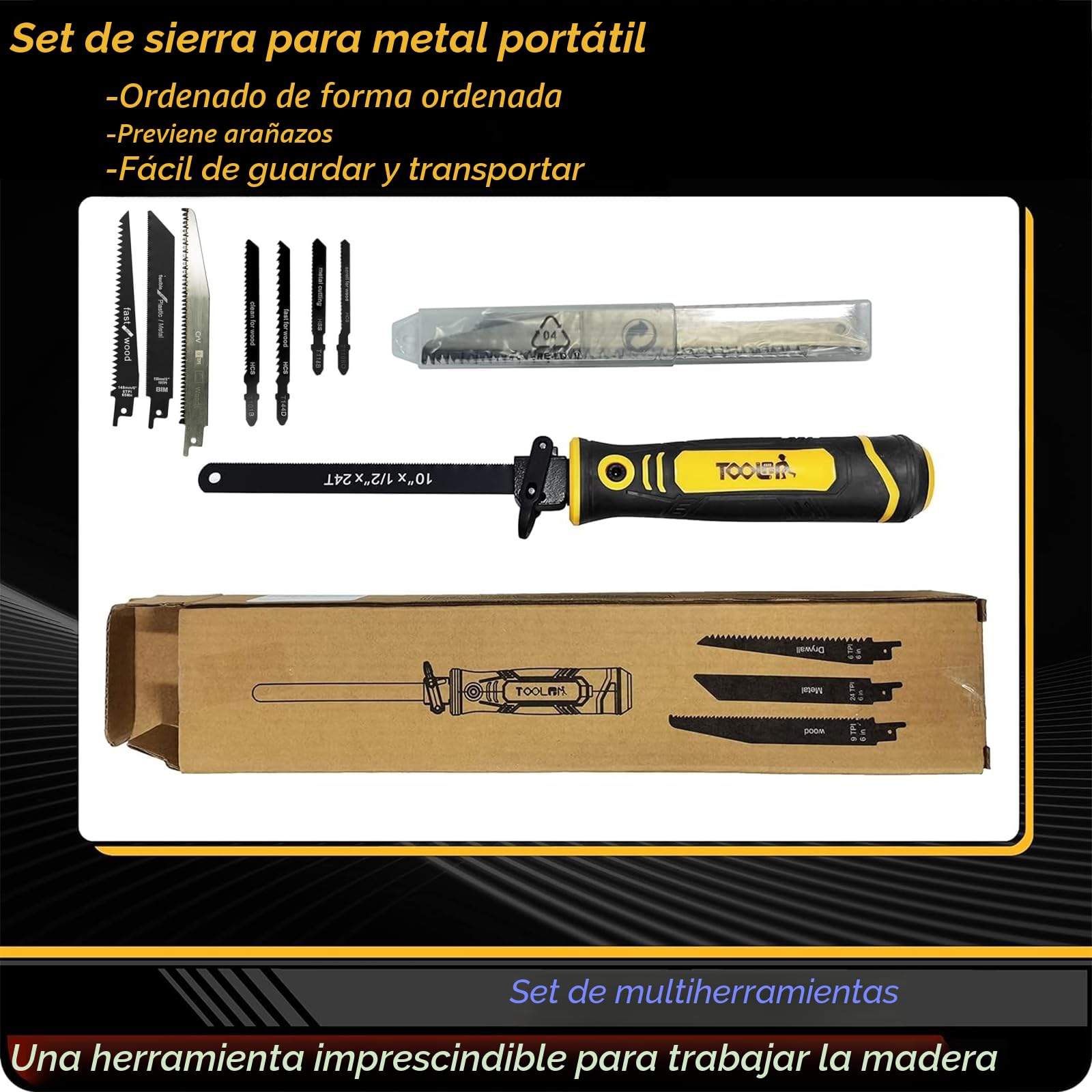 Magicbox Sierra para Metal 8 en 1 con Hojas Intercambiables - Mini Sierra de Mano para Sierra Metal y Serrucho Madera, también Sierra Pladur - Bloqueo Automático, Empuñadura Ergonómica