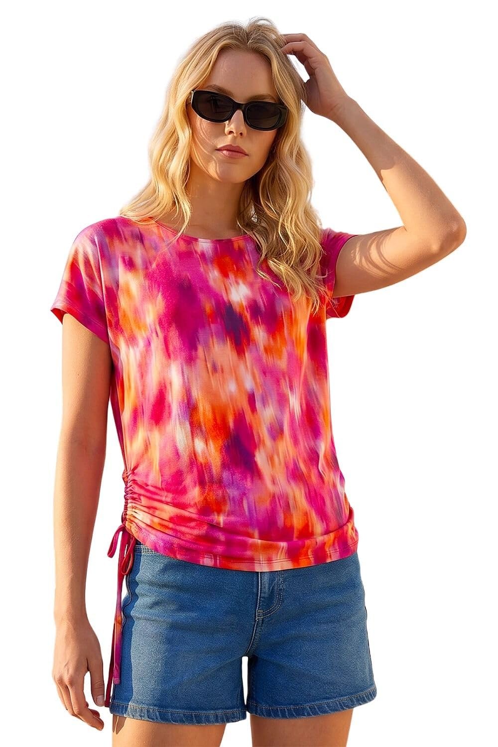 Roman Originals Women's Fuchsia Leaf Print Side Tie Stretch Top For Uk - Everyday Holiday Spring Summer Round Neckline Comfy Soft Evening Vacation Work Party - Size 10