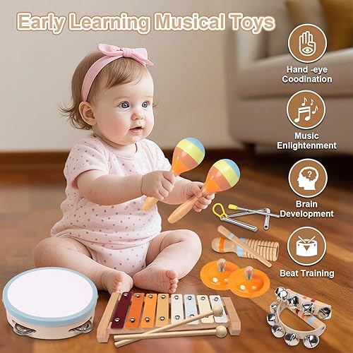 Miniatura 2 de Instrumentos musicales para niños pequeños, juguetes musicales de madera Montessori para bebés de 1 a 3, INLAIER Instrumentos de percusión para