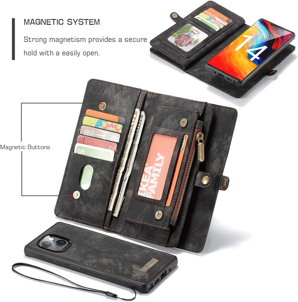 Compatible with iPhone 16 Pro Leather Wallet Case Detachable Magnetic Flip Leather Phone Cover with Zipper Pocket Card Holder Shockproof Detachable Wallet for Woman Man (Black)
