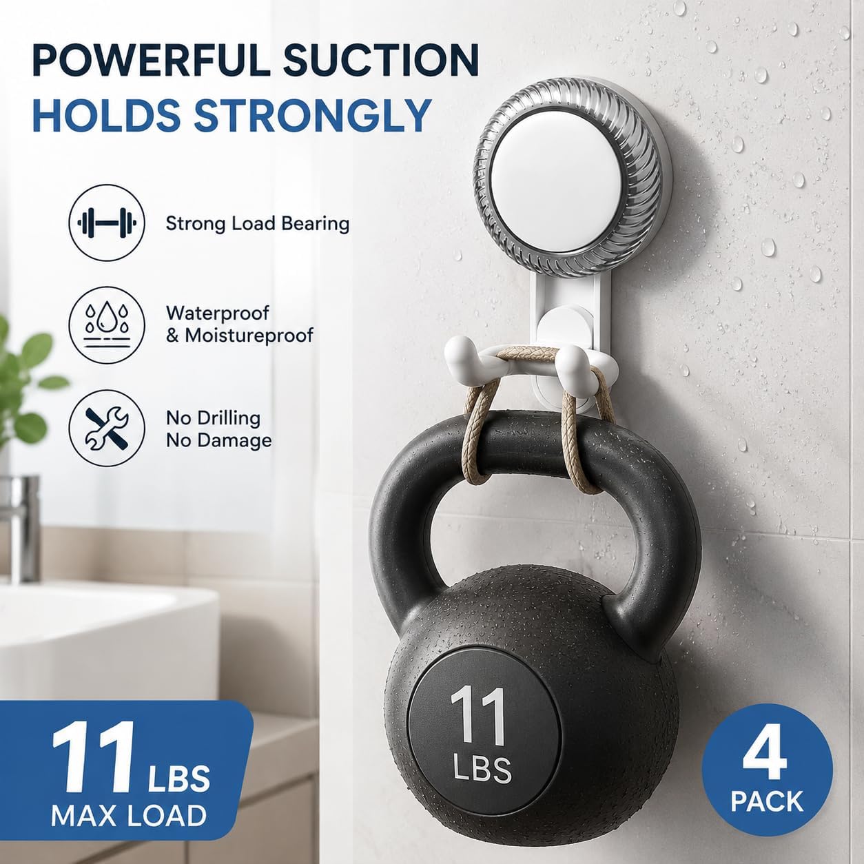 4 Pack Upgraded Suction Cup Double Hooks, Heavy Duty Waterproof Towel Hooks for Bathroom, No-Drill Vacuum Suction Hooks for Inside Shower, Glass, Tile(White)