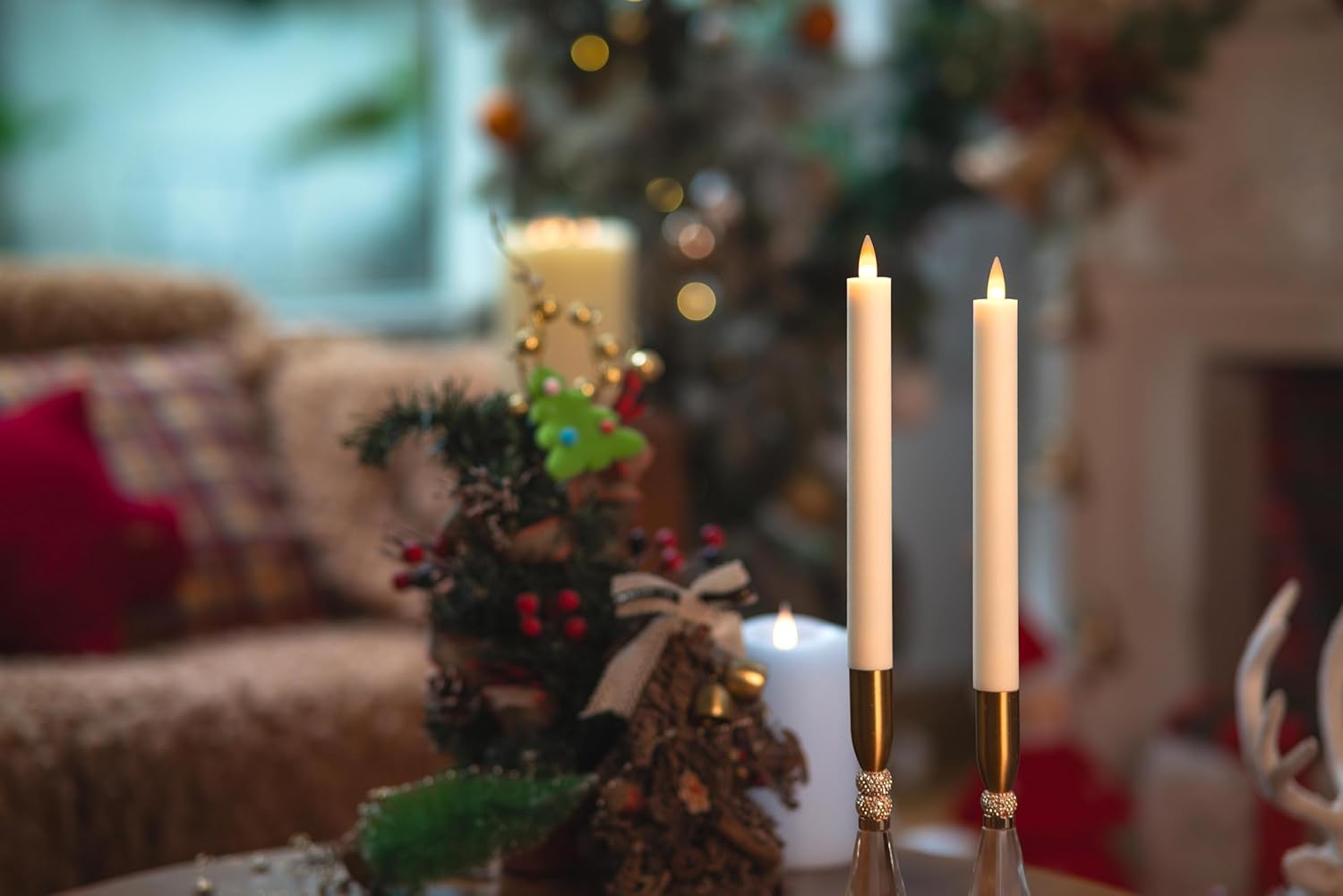 Ivory Flameless Taper Candles with Remote & Timer -Leather-Textured Real Wax, 3D Moving Flicker, 400Hr Battery Operated Window Candles (Remote Uses 2 AAA Batteries, Not Included)​