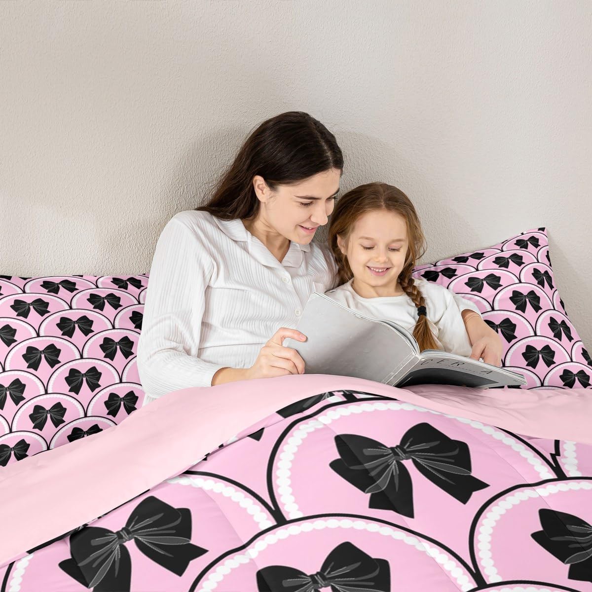 Juego de ropa de cama con lazo de acuarela para niñas y niños, tamaño individual, lindo lazo, edredón de coqueta, edredón rosa y negro, 2 piezas, ropa de cama transpirable, suave y ligera de