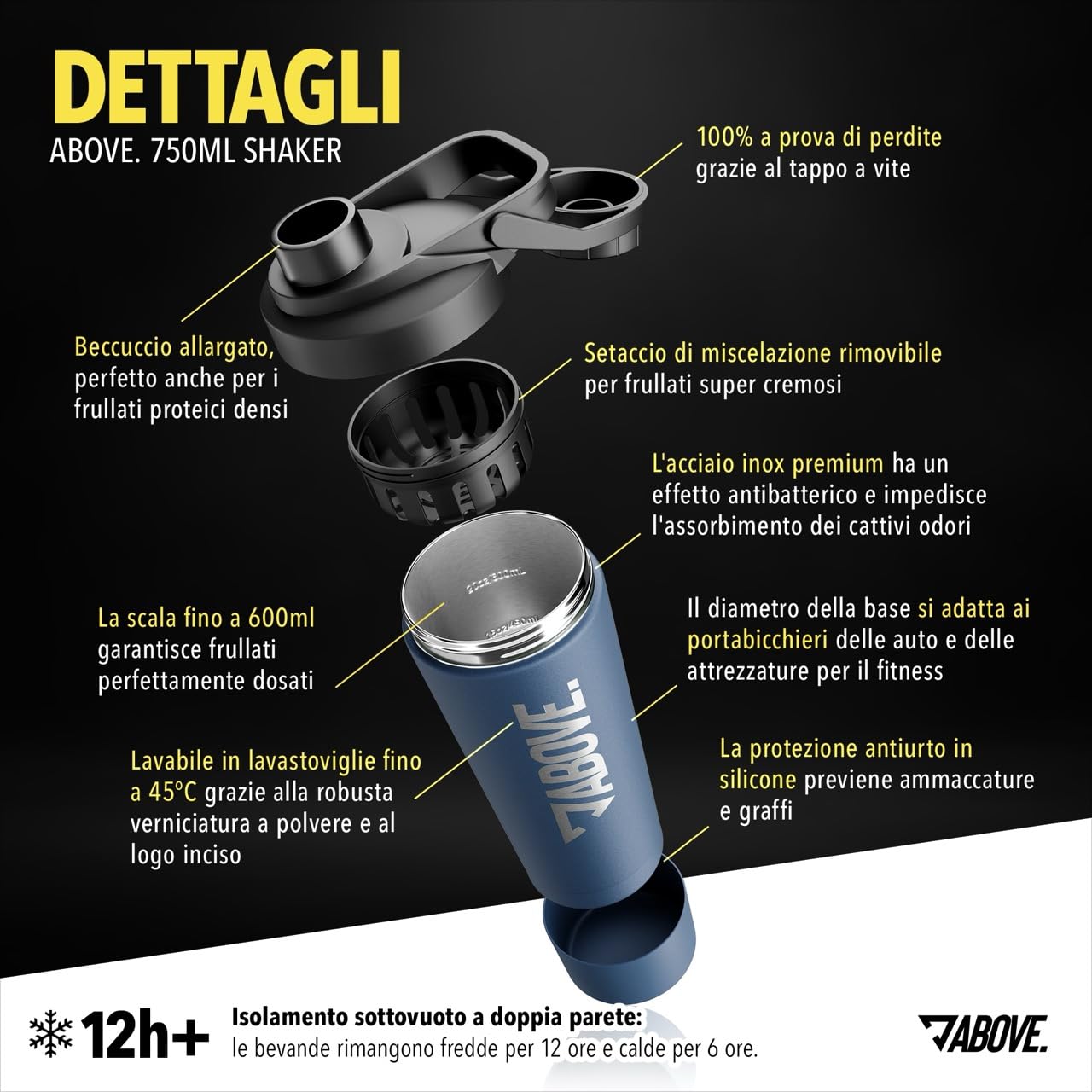 ABOVE. Shaker Proteine Acciaio Inox 750ml – Senza BPA e Termico: Bevande Fredde per 12H – Scala Incisa & Tappo 100% Antigoccia – Robusto e Durevole – Lavabile in Lavastoviglie fino a 45°C (Blu)