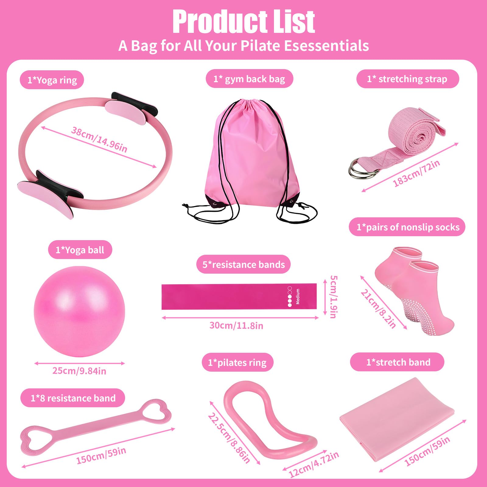 Pilates Set, 13 Teiliges Pilates Essential Kit für Frauen, Pilates Zubehör Set mit Pilates Ring, Yoga Ball, Fitnessbänder, Grip Socken, Pilates Set für Zuhause Bauch Beine Po Studio-Workout