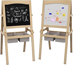 AIYAPLAY Caballete para Niños 3 en 1 de Madera Pizarra Caballete de Doble Cara y Pizarra Blanca para Dibujo con Rollo de Papel y dos Cestas 58x50,5x109 cm Natural