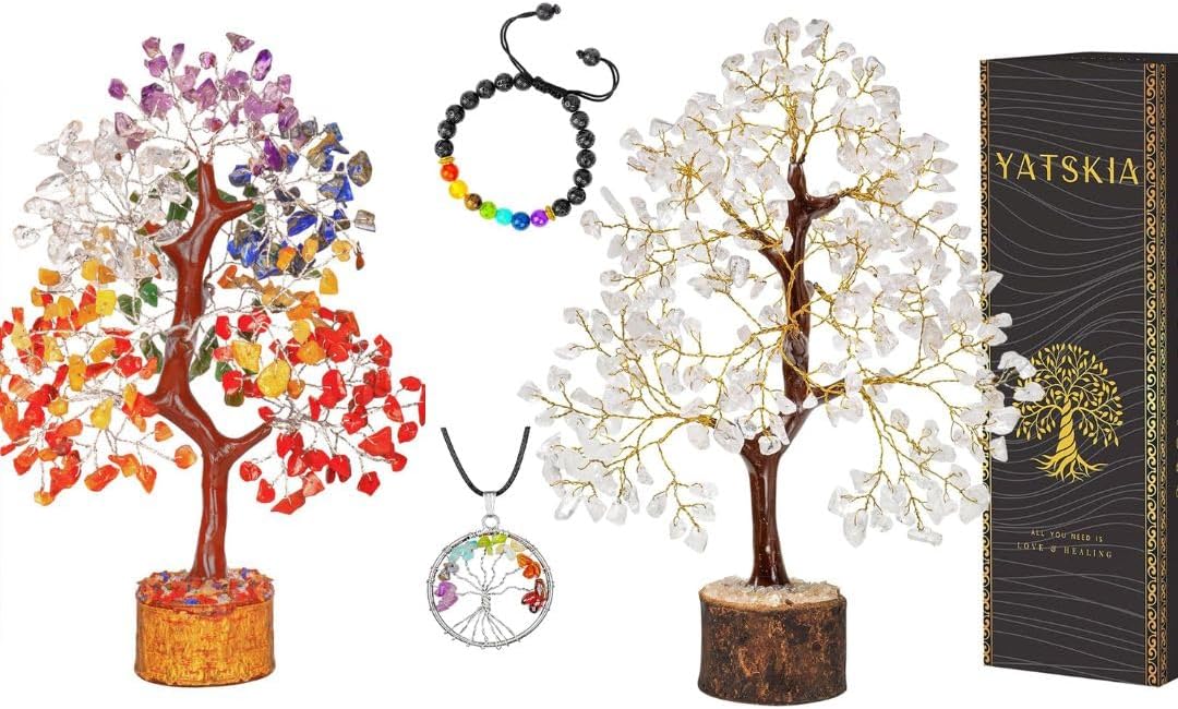 YATSKIA Clear Quartz Tree & Chakra Tree of Life – Crystals and Healing Stones – Feng Shui Decor – Meditation Accessories – Gifts for Spiritual People – Handmade Crystal Tree with Seven Natural Crysta