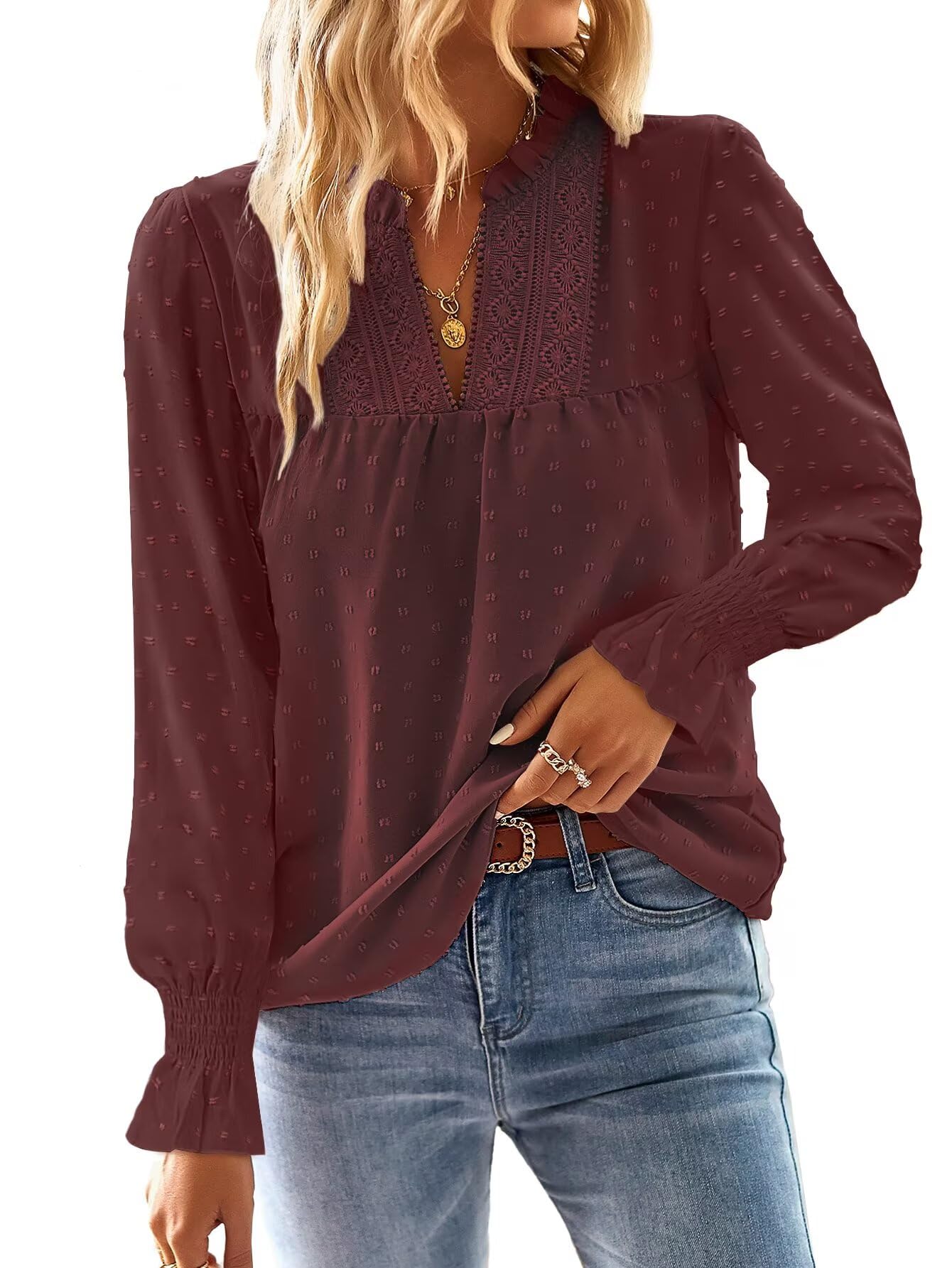 TUUHAW Langarmshirt Damen Herbst Große Größen Longbluse Boho Bluse V-Ausschnitt T Shirt Fließend Elegant Süß Lässig Outfits Top Oberteile Frühling Rüschen Volant Paspel Winter Kleidung Weinrot 3XL