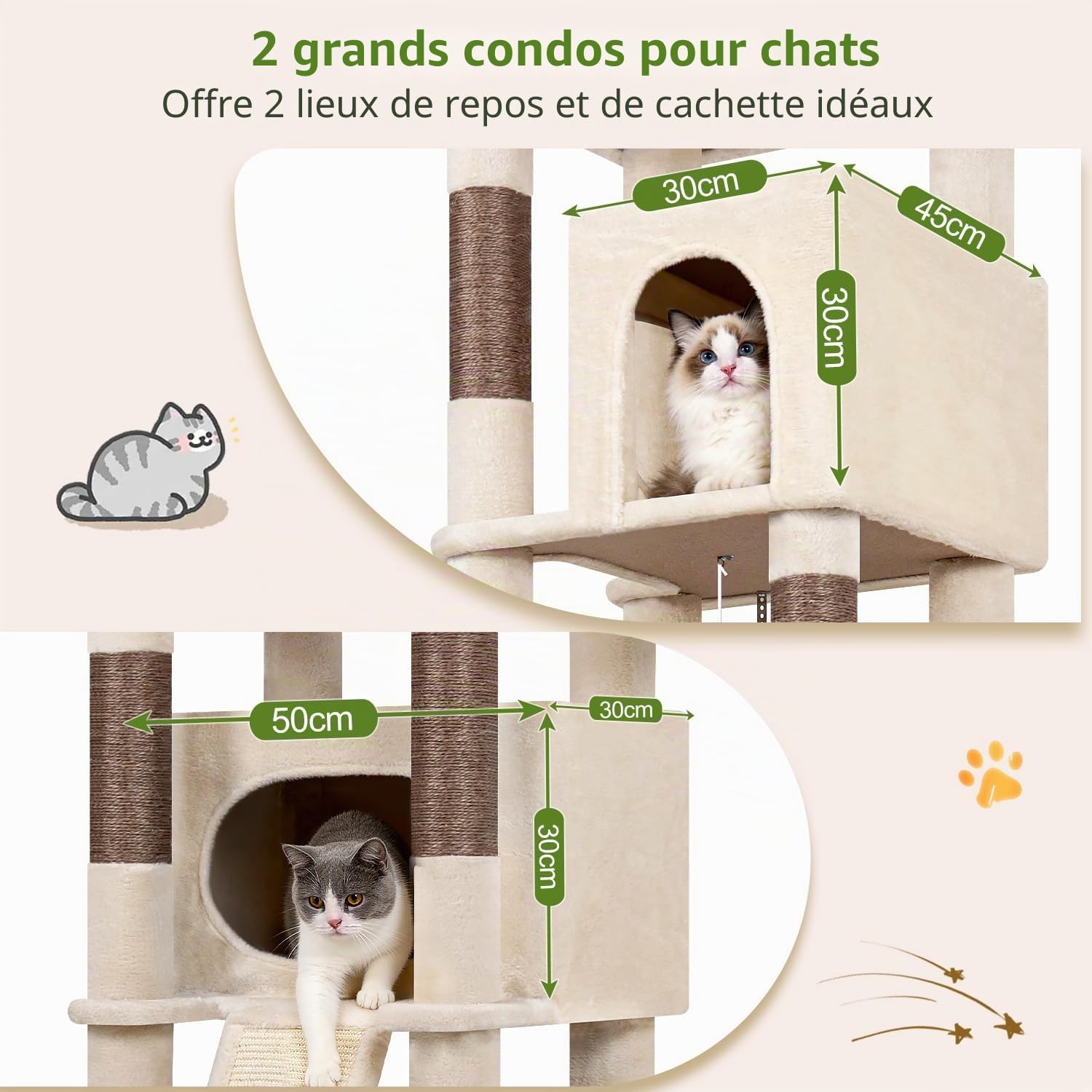 Globlazer Arbre à Chat Beige XXL 215 cm avec 2 Immense Niches, Extra-Large Plateformes, Pente Sisal Peluche, Paniers, Solide Arbre à Chat pour Gros Chats Grand Maine Coon Ragdoll Adulte (F84B, Beige)