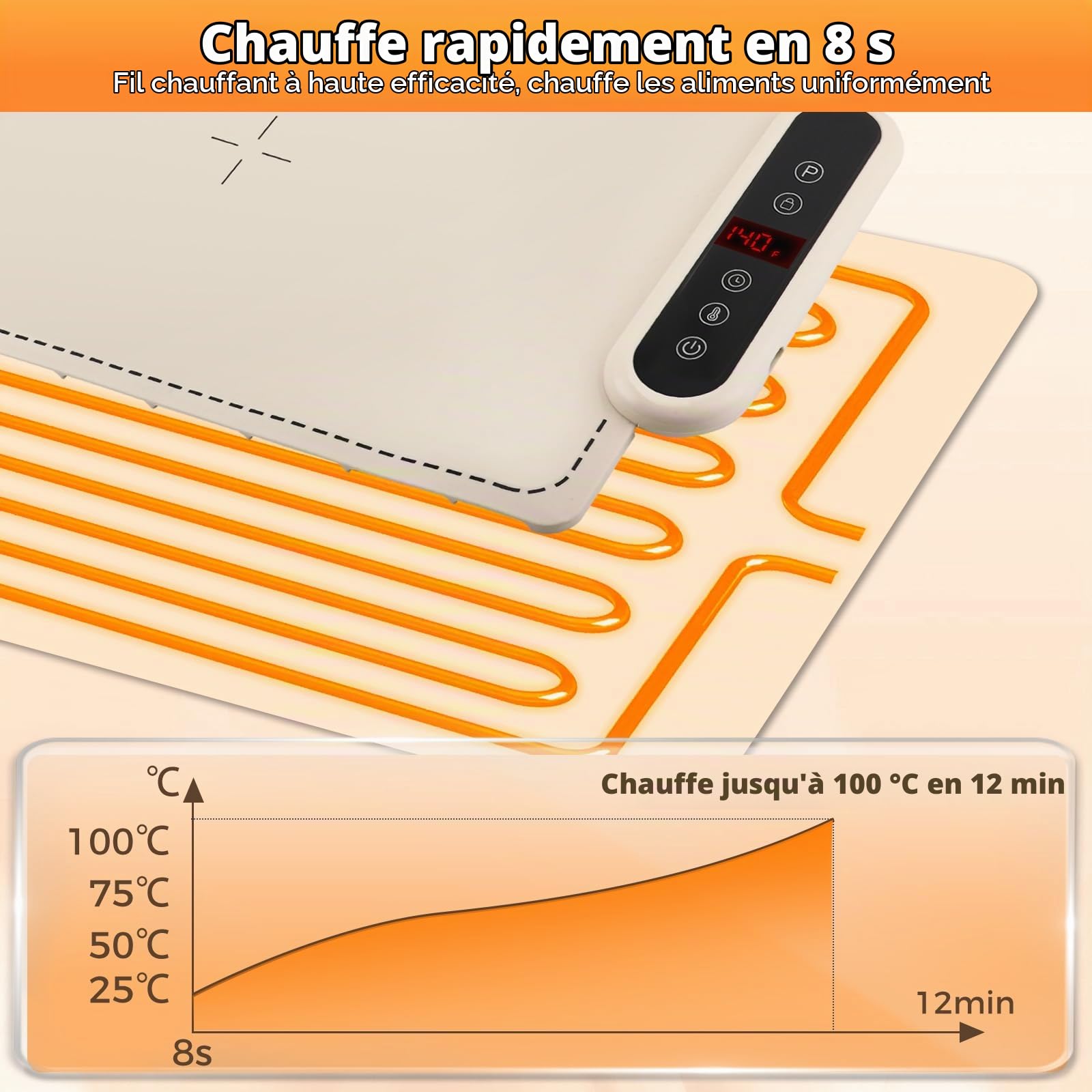 Chauffe Plat Electrique, Plaque Chauffante Electrique avec 6 Niveaux Temp., Minuteur de 4 Heures, Plaque Chauffante Pliable Flexible, 61 * 40cm Chauffe Plat pour Buffets Fêtes Banquet