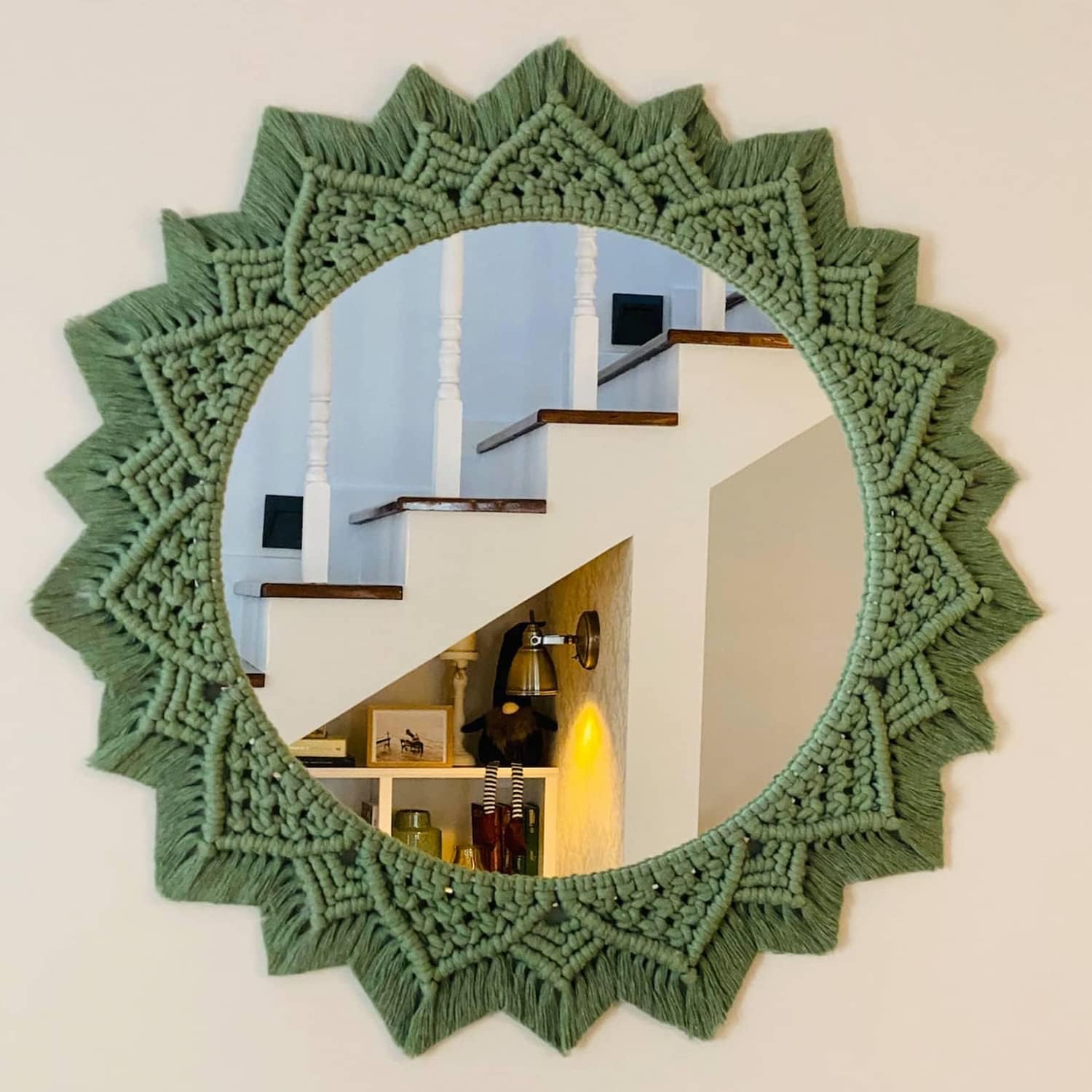 ZAWI Handmade Cotton Macrame Wall Hanging Mirror with Boho Fringes, Bohemian Art Decorative Aina for Make-Up, Dressing, Living Room, Bedroom-picture-20