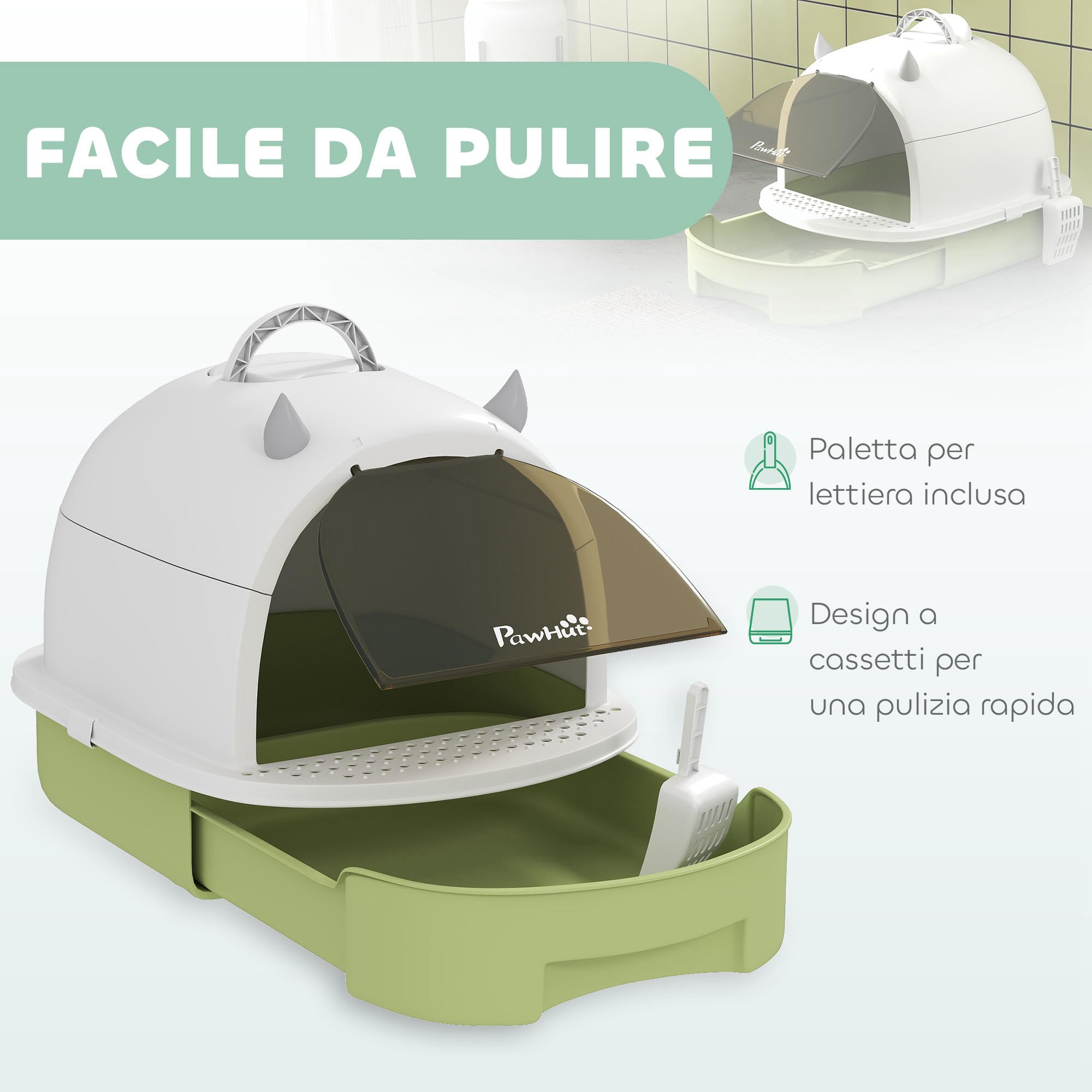 PawHut Lettiera per Gatti Chiusa con Vassoio Estraibile, Toilette per Gatti con Cassetta Igienica per Gatti con Maniglia, Paletta e Filtro ai Carboni Attivi, Verde