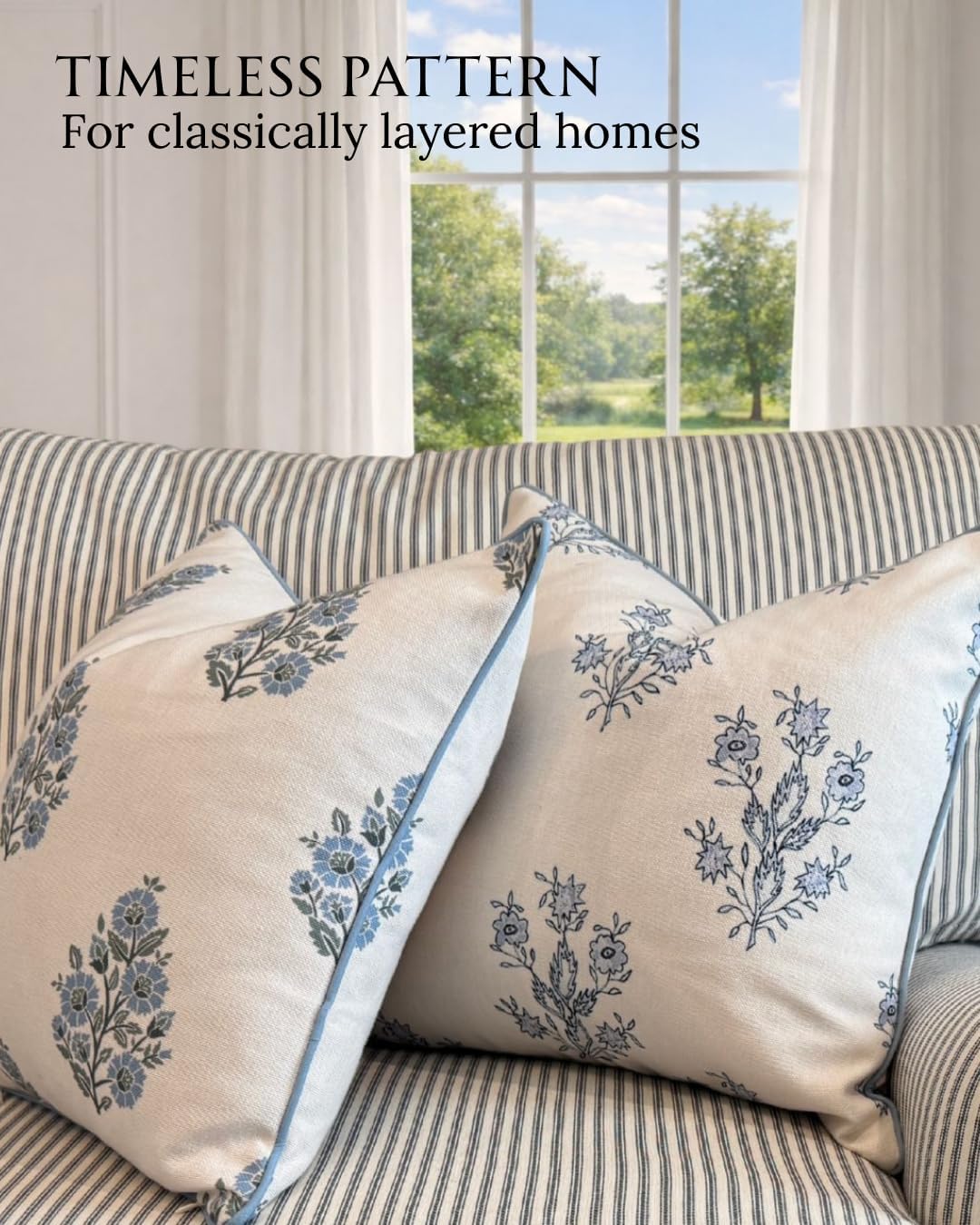 “The Camille” Floral Block Print Pillow Cover – Soft Blue and White Decorative Throw Pillow Cover – Grandmillennial Home Decor, 20" x 20" - Image 4