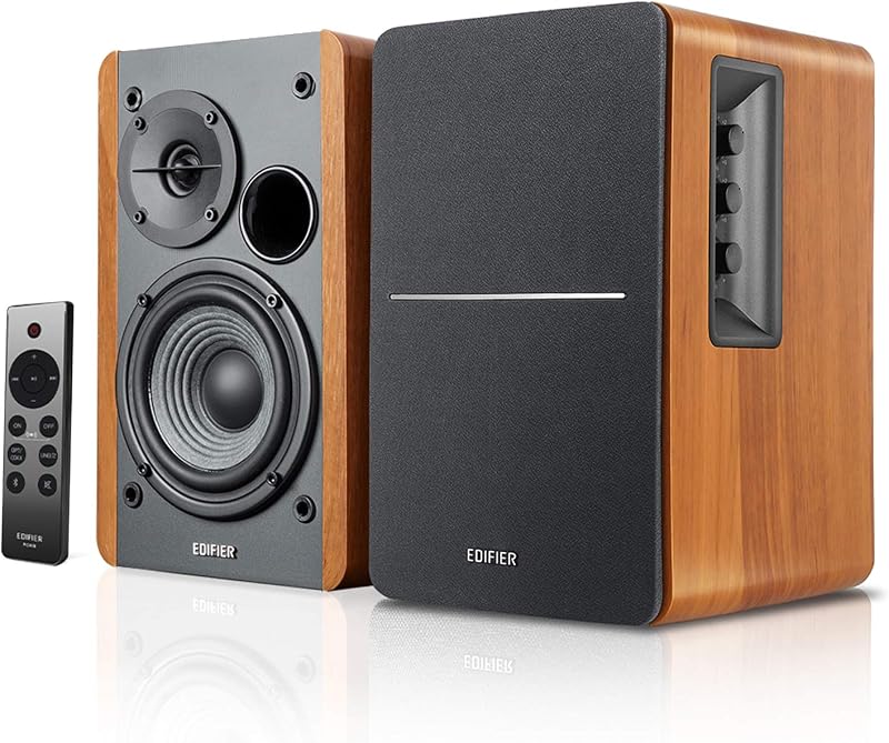 parlantes de estantería Bluetooth activos R1280DBs - Entrada óptica - parlante de monitor de estudio inalámbrico 2.0 - 42 W RMS con salida de línea de subwoofer - Grano de madera
