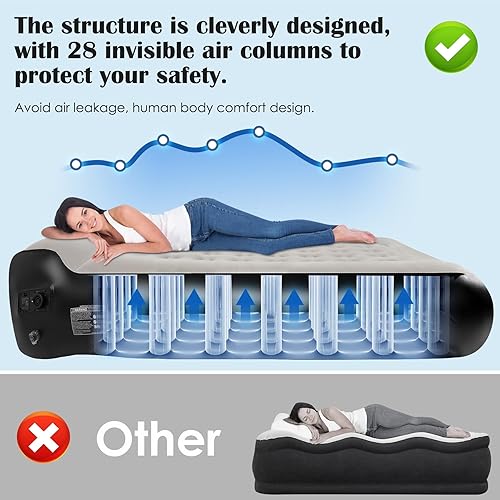 Miniatura 7 de Colchón de aire Queen tamaño matrimonial con bomba incorporada, colchón inflable de 16 pulgadas con parte superior flocada suave, colchón inflable