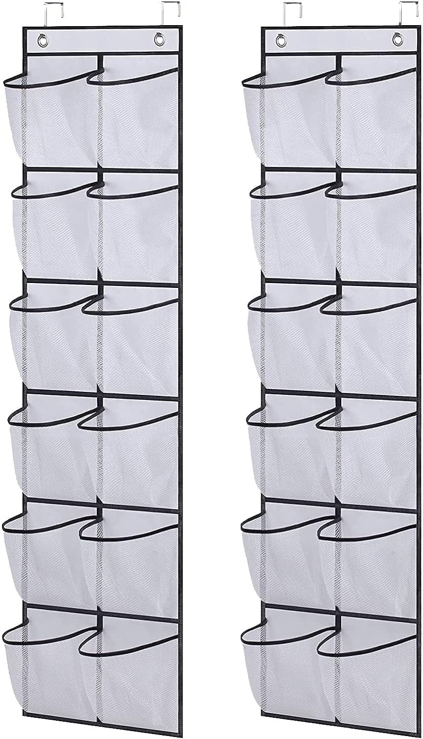 Misslo Girls White Over The Door Shoe Rack Organiser 12 Large Mesh Pockets Hanging Shoe Storage For Narrow Closet, Bedroom, Bathroom Organizer Tidy With Hanger, 2 Packs