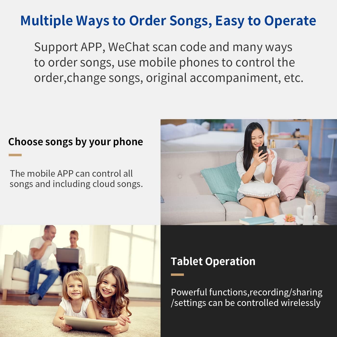 User interacting with karaoke system via touchscreen and mobile app