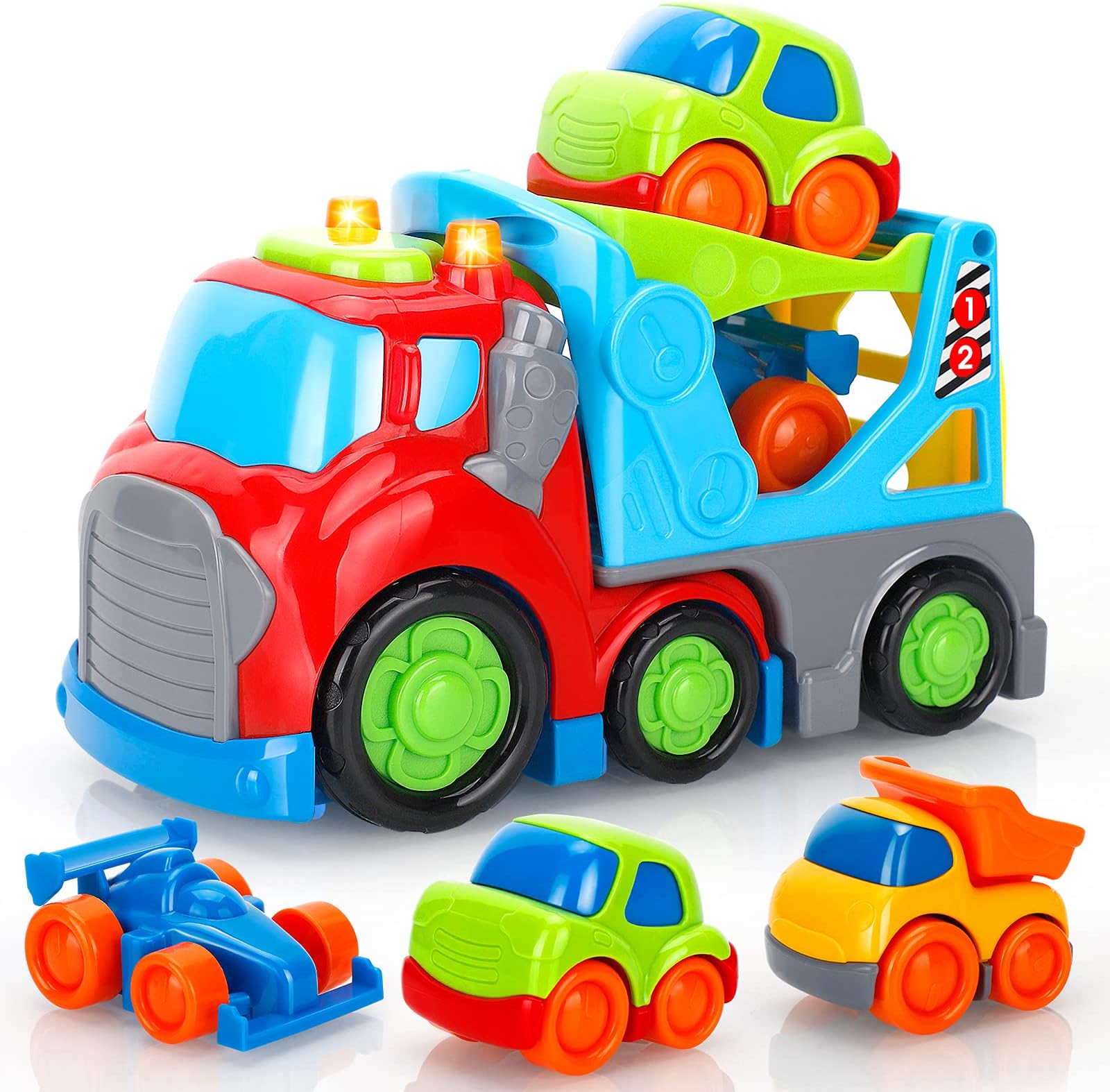Forty4 Cars Toy for 2 3 4 Years Old Toddlers, Big Transport Truck with Small Dump, Taxi & Race Car, Carrier Truck with Sound & Light, Colorful Vehicles Playset, Christmas Toy for Boys & Girls