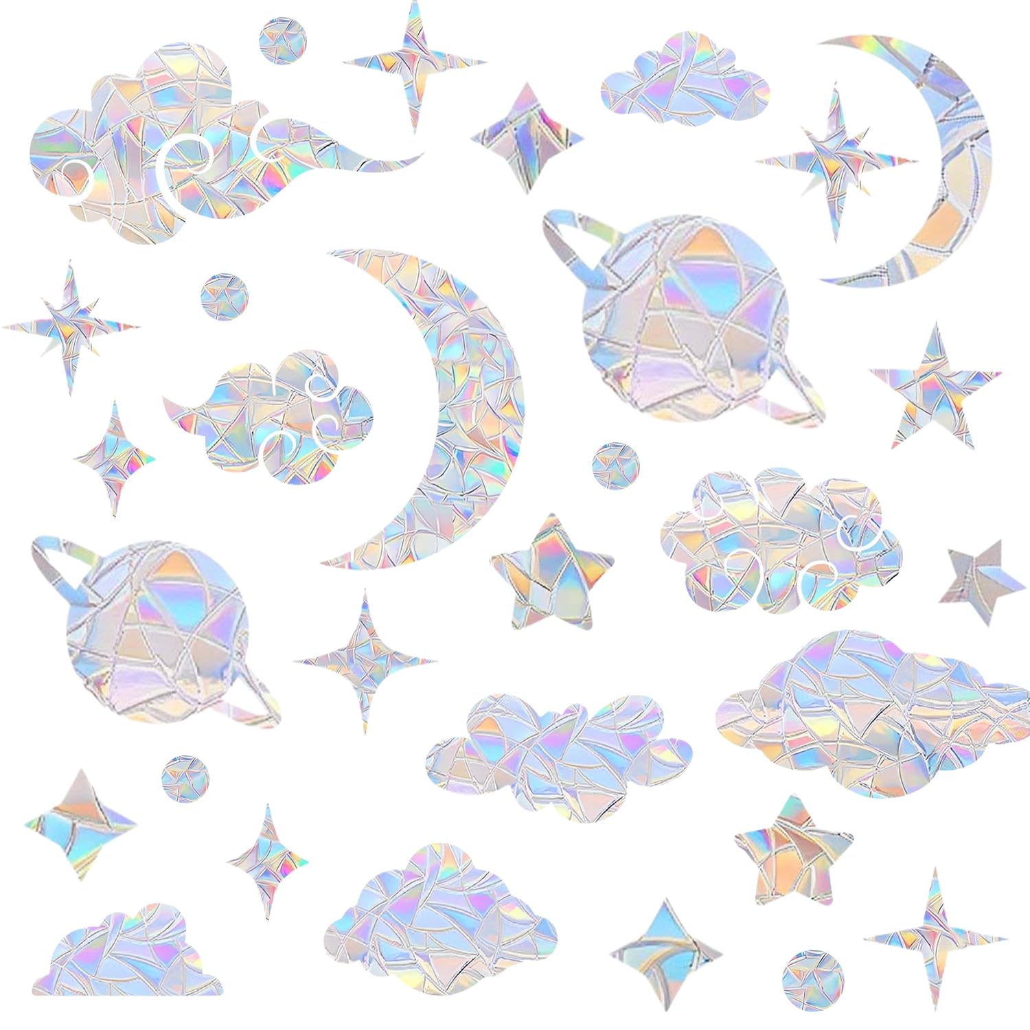 Silkroselw Cloud,Star,Moon,Planet 60 Pieces Star Moon Sun Catcher Window Clings For Glass Windows, Anti-Collision Stickers Star Moon Decals Prevent Bird Strikes, Cloud Planet Rainbow Prismatic Clings Non Adhesive Window Deco