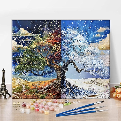 TUMOVO Kits de pintura por números para adultos em tela, pintura de árvore de quatro estações por números, kits de pintura por número para adultos, kits de pintura a óleo faça você mesmo, para