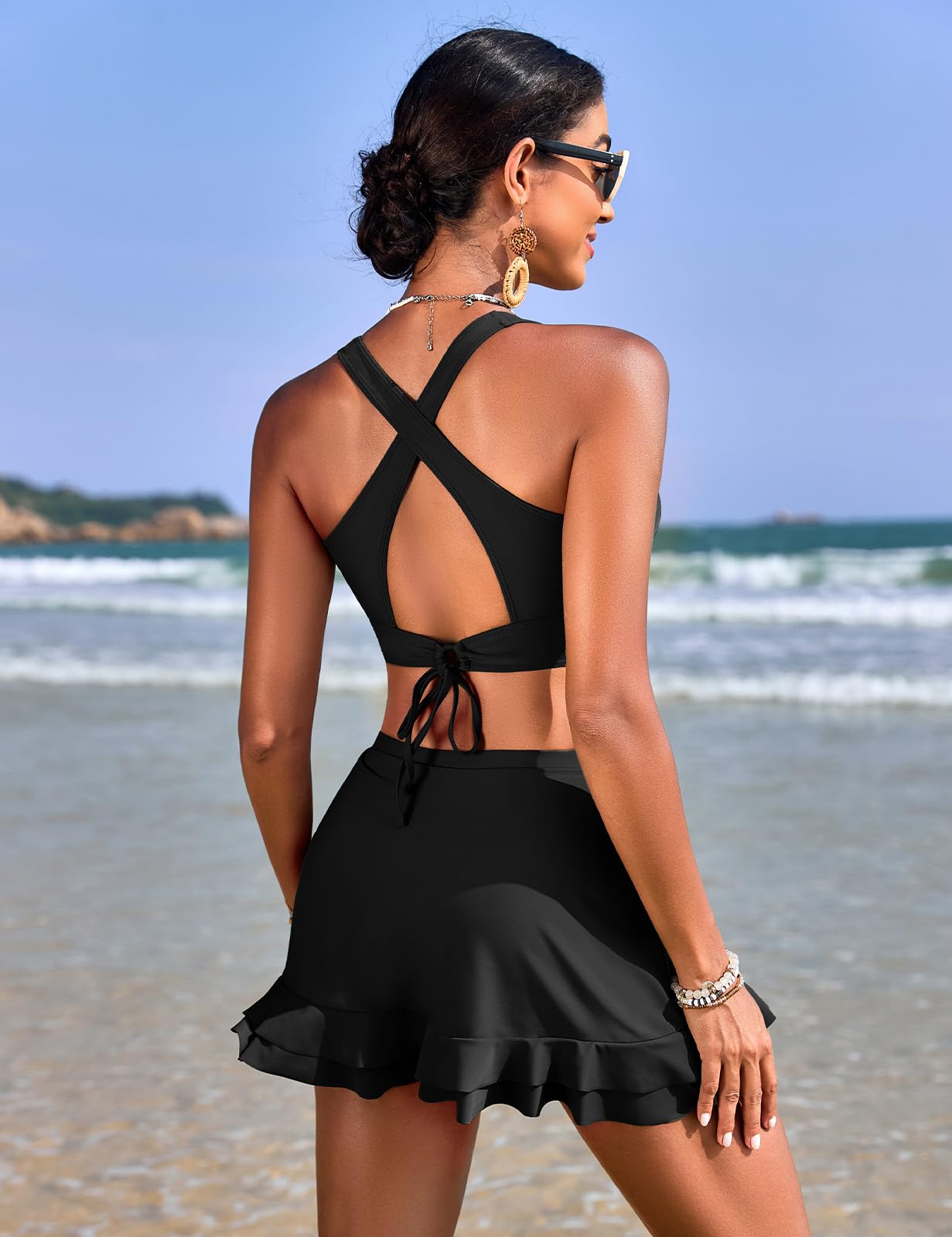 Maillot de Bain Femme 2 Pieces Bikini Taille Haute avec Jupe Maillot de Bain Push up Rembourré à Encolure en V pour Les Vacances à la Plage