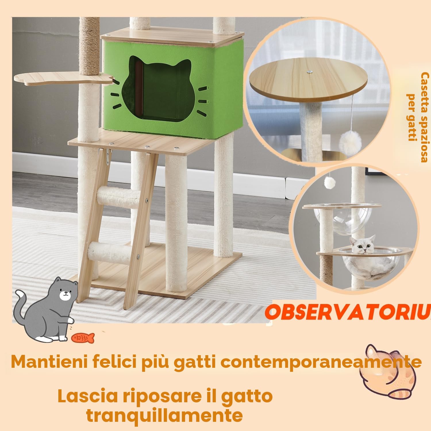 Tiragraffi per gatti,Con Cuccia gatto,2 Capsula spaziale trasparente,Gioco per Palla,Trespolo per Piattaforma,Scala per,Tiragraffi per gatti adulti(145CM)
