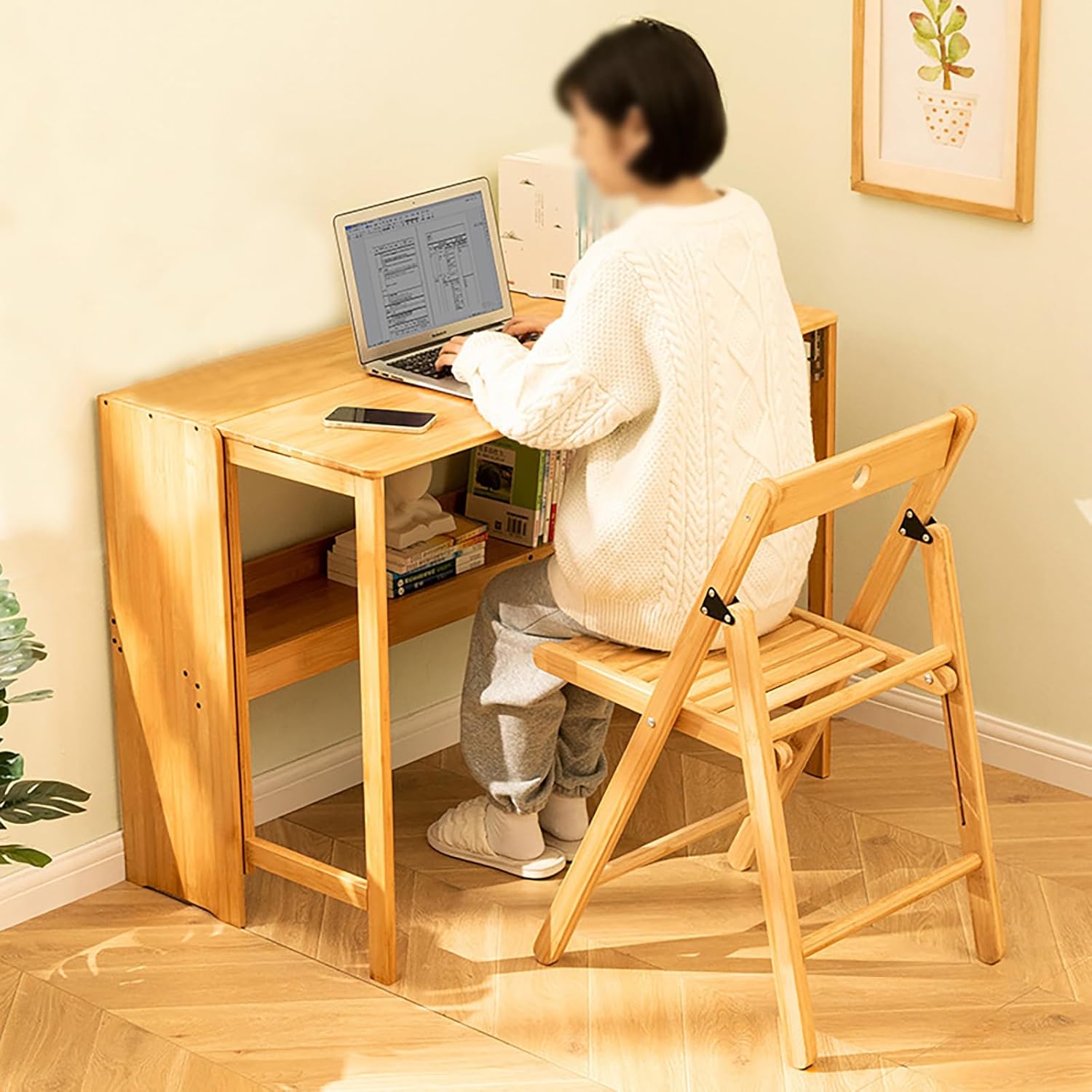 Folding Desk for Small Space, Computer Desk with Bookshelf Multifunctional Bamboo Rectangular Dining Table Work Desk, Writing Desk for Student Office, 40.5" W x 29.9" H (Wood Color)