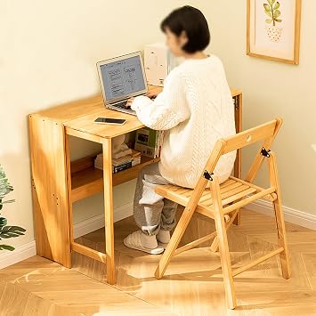 Folding Desk for Small Space, Computer Desk with Bookshelf Multifunctional Bamboo Rectangular Dining Table Work Desk, Writing Desk for Student Office, 40.5 W x 29.9 H (Wood Color)