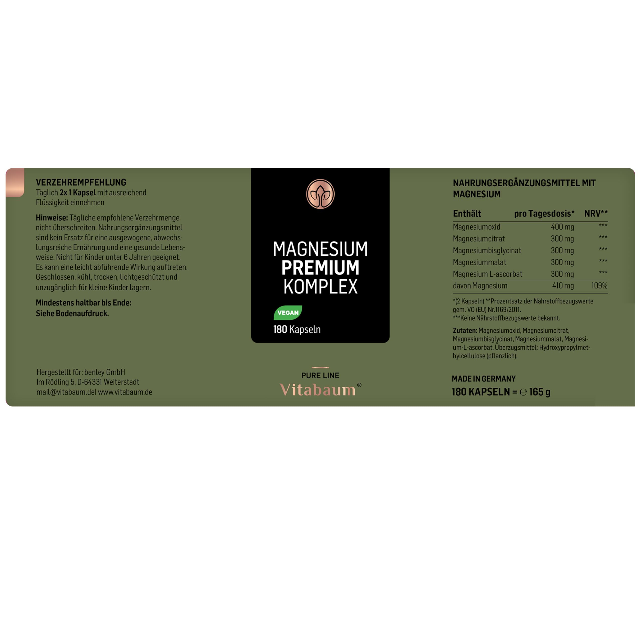 Vitabaum® Magnesium Premium Komplex - 410 mg elementares Magnesium pro Tag - 5 hochwertigen Formen - Hochdosiert - Vegan, Glutenfrei - 3× 180 Kapseln, 3 Monate je Packung