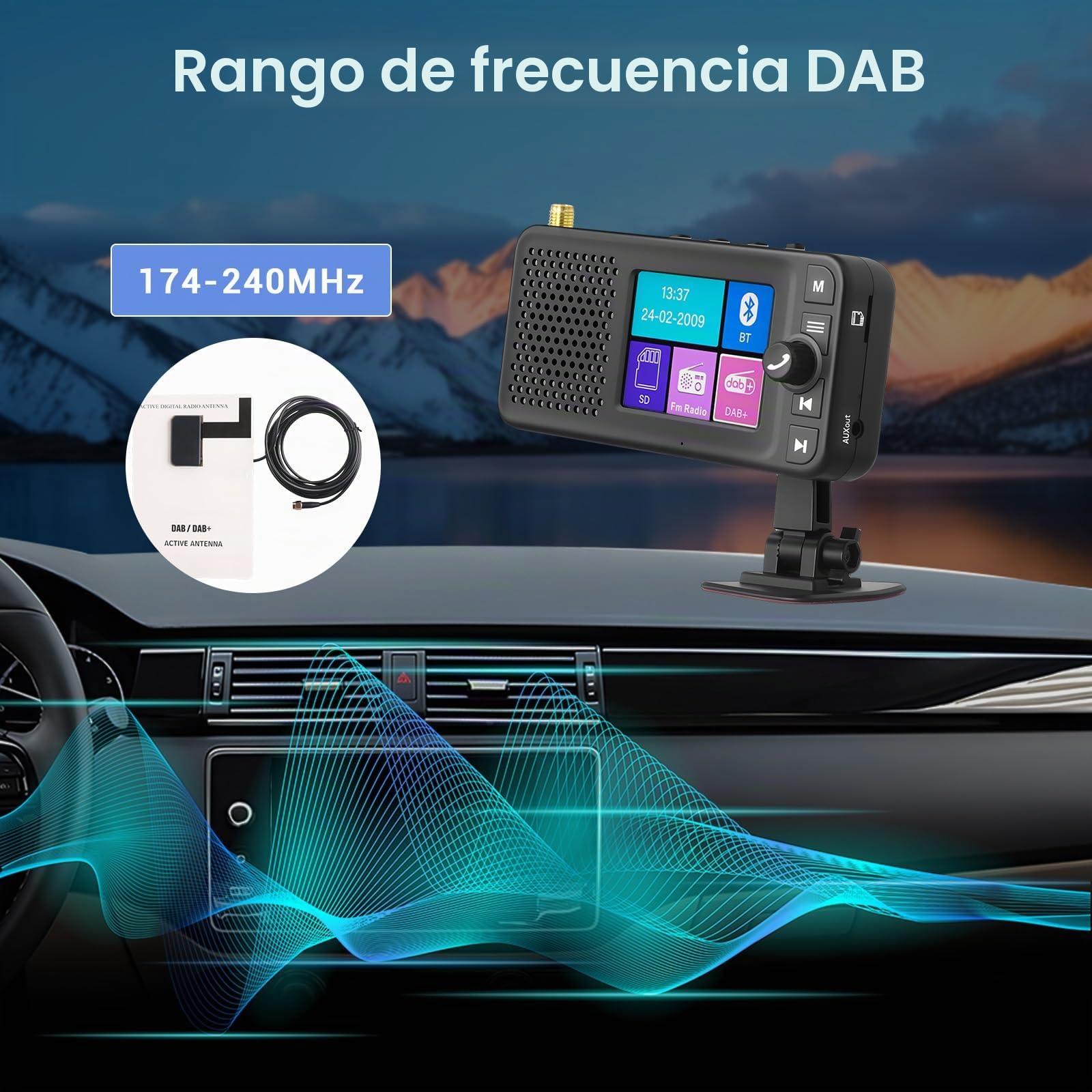 Hikity Adaptador Dab+ Radio Coche 2,4" LCD BT FM Cargador | Transmisor DAB/FM. Bluetooth para Música. Entrada/Salida Auxiliar